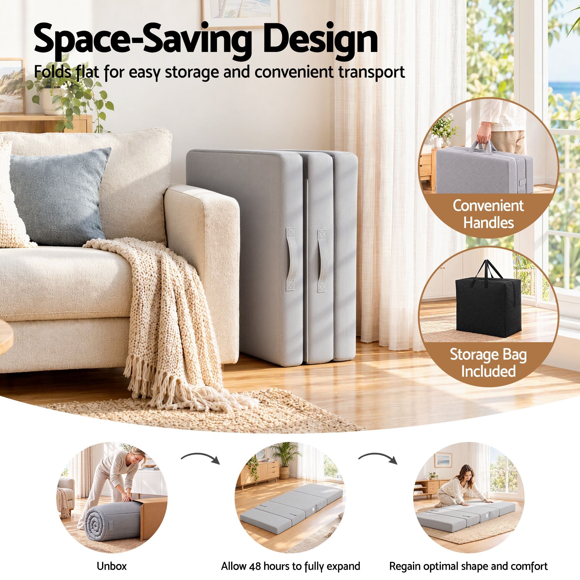 Giselle Folding Mattress Single 15cm Foldable 4-Fold Foam Chair Bed Storage Bag Bedworld