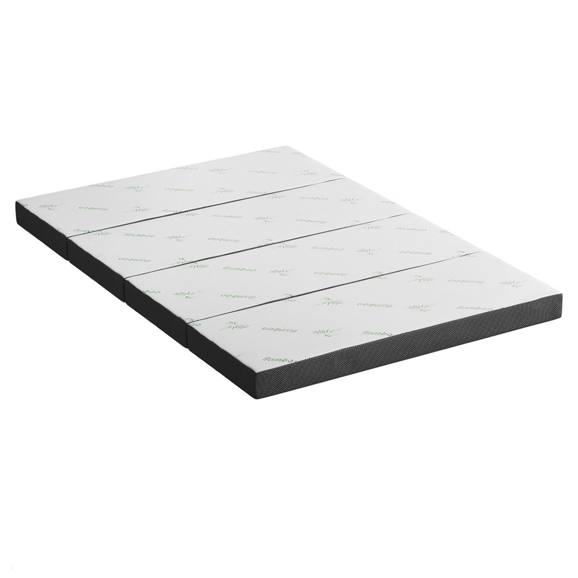 Foldable double mattress with white bamboo-pattern top and black foam edges