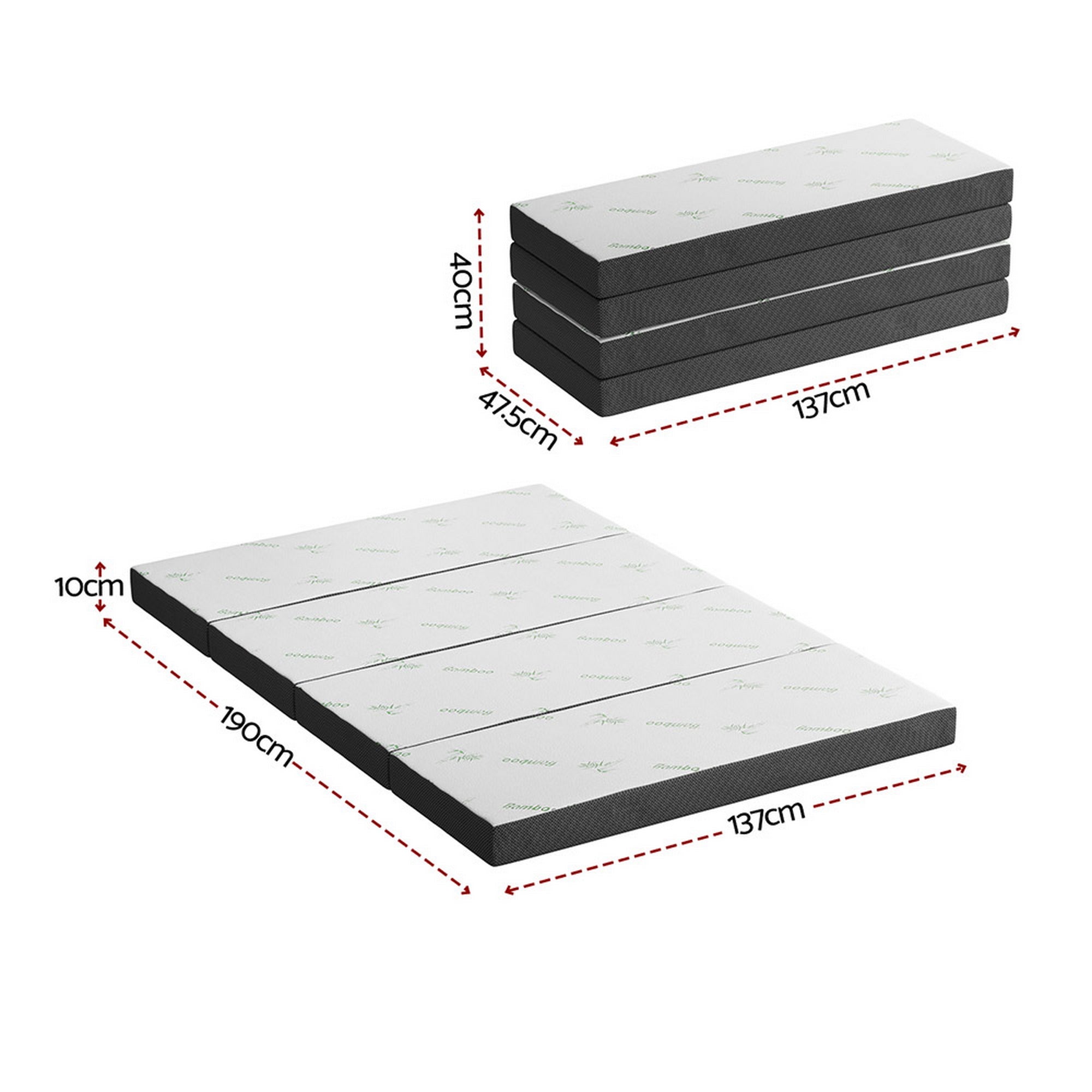 Foldable double mattress folded stack with white top panel and black side layers