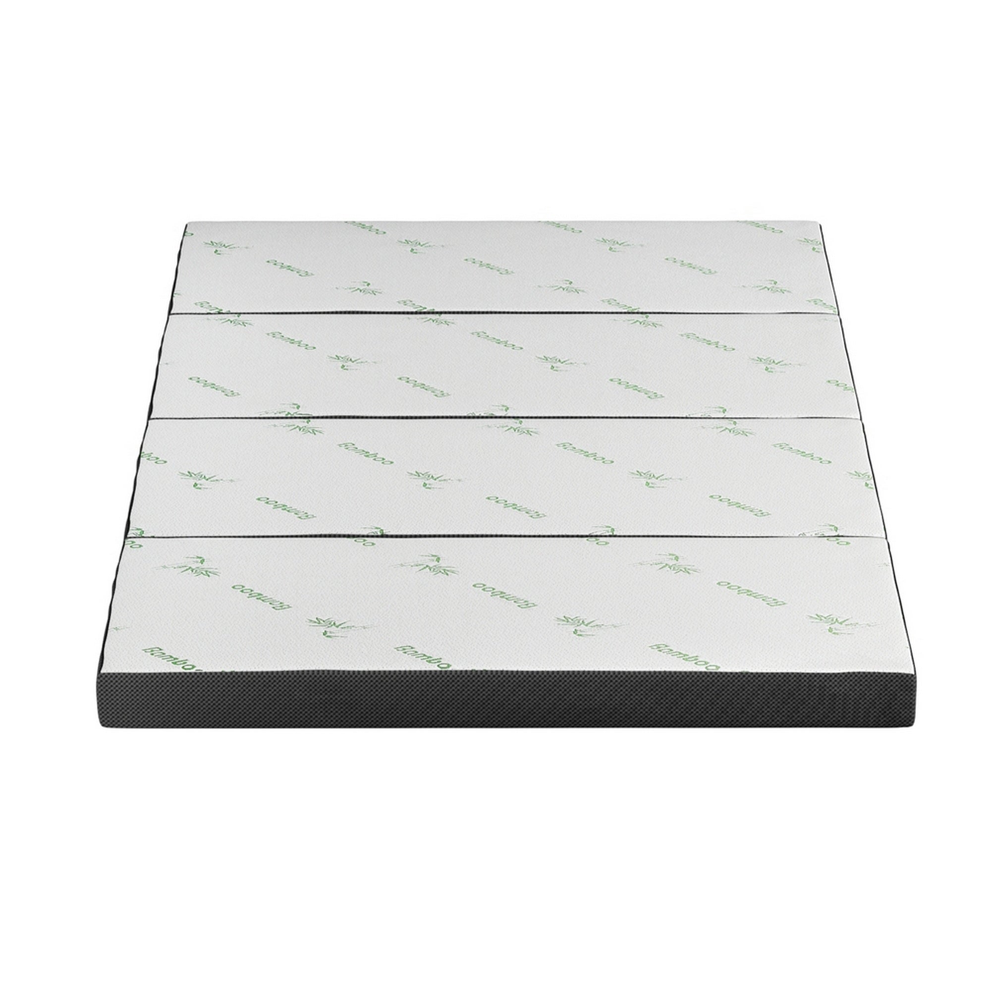 Foldable double mattress with white bamboo-pattern cover and black base panel