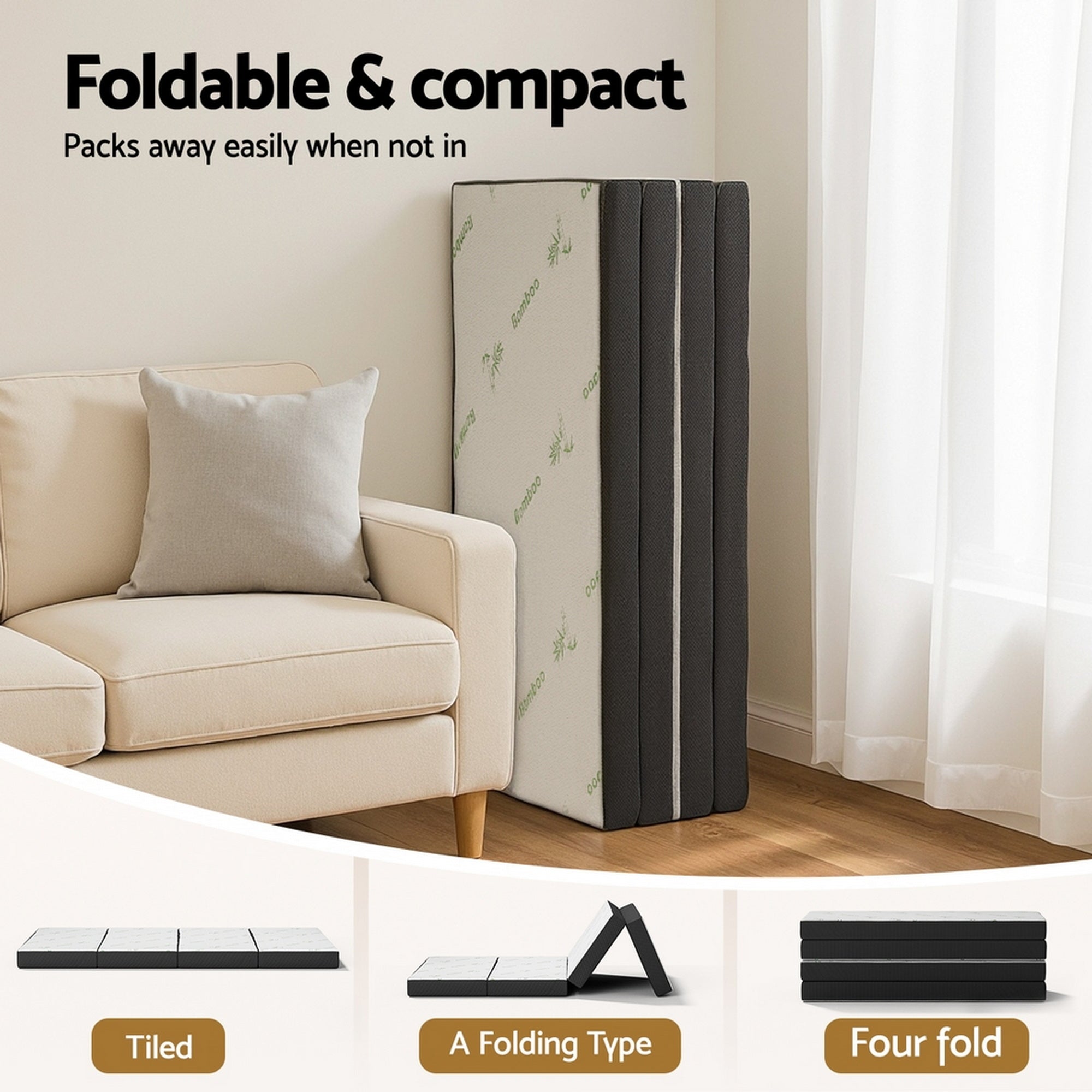 Foldable mattress folded and stored upright with white bamboo-pattern panel