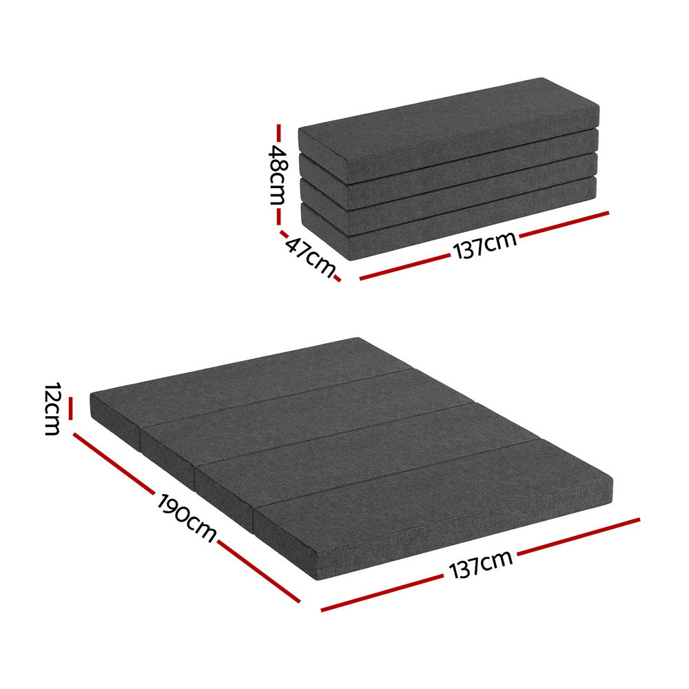 Four-panel folding foam mattress, dark gray, folded for portability