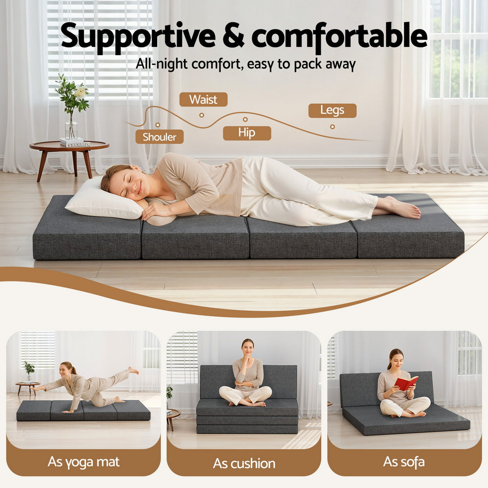 Folding foam mattress in dark gray with four linked sections