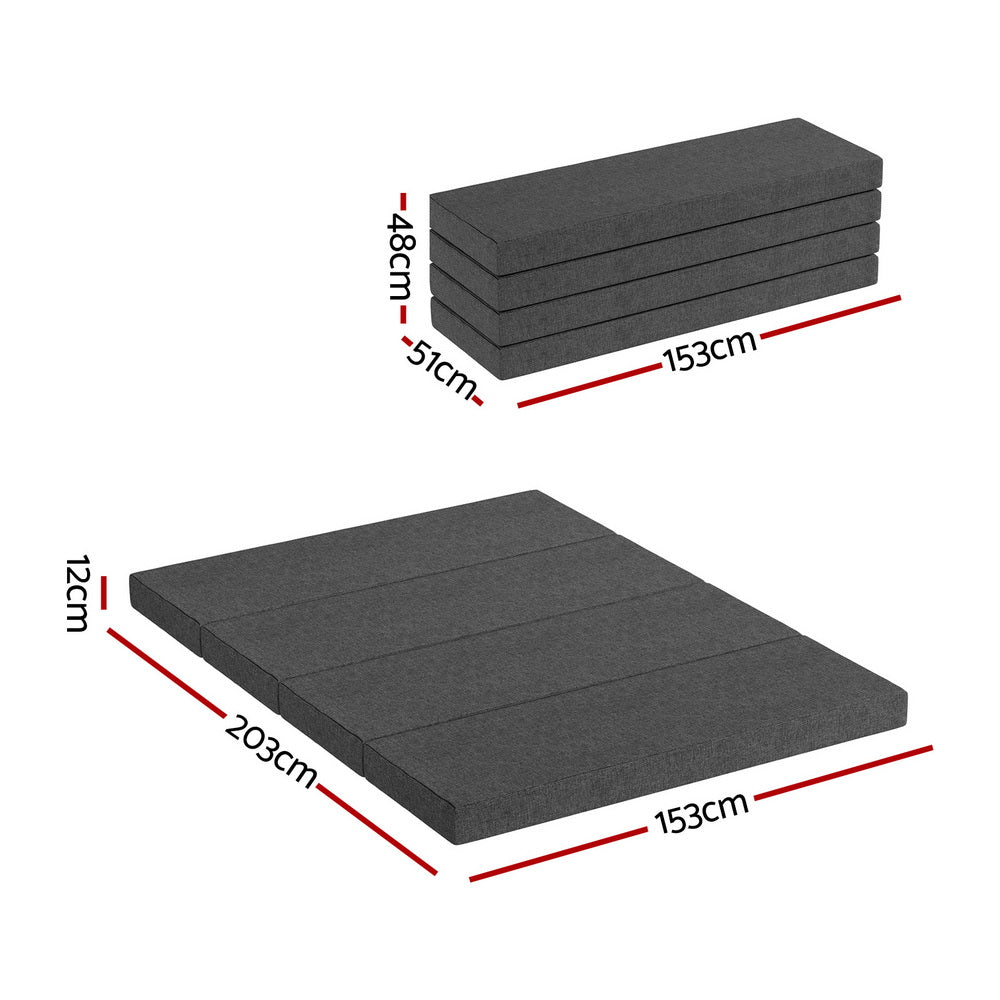 Dark gray folding foam mattress with labeled dimensions, four-section stack