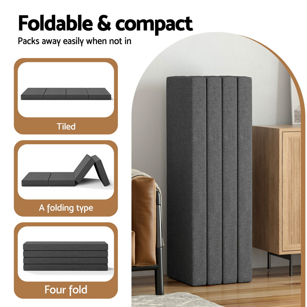 Infographic showing dark gray four-fold compact folding foam mattress for storage