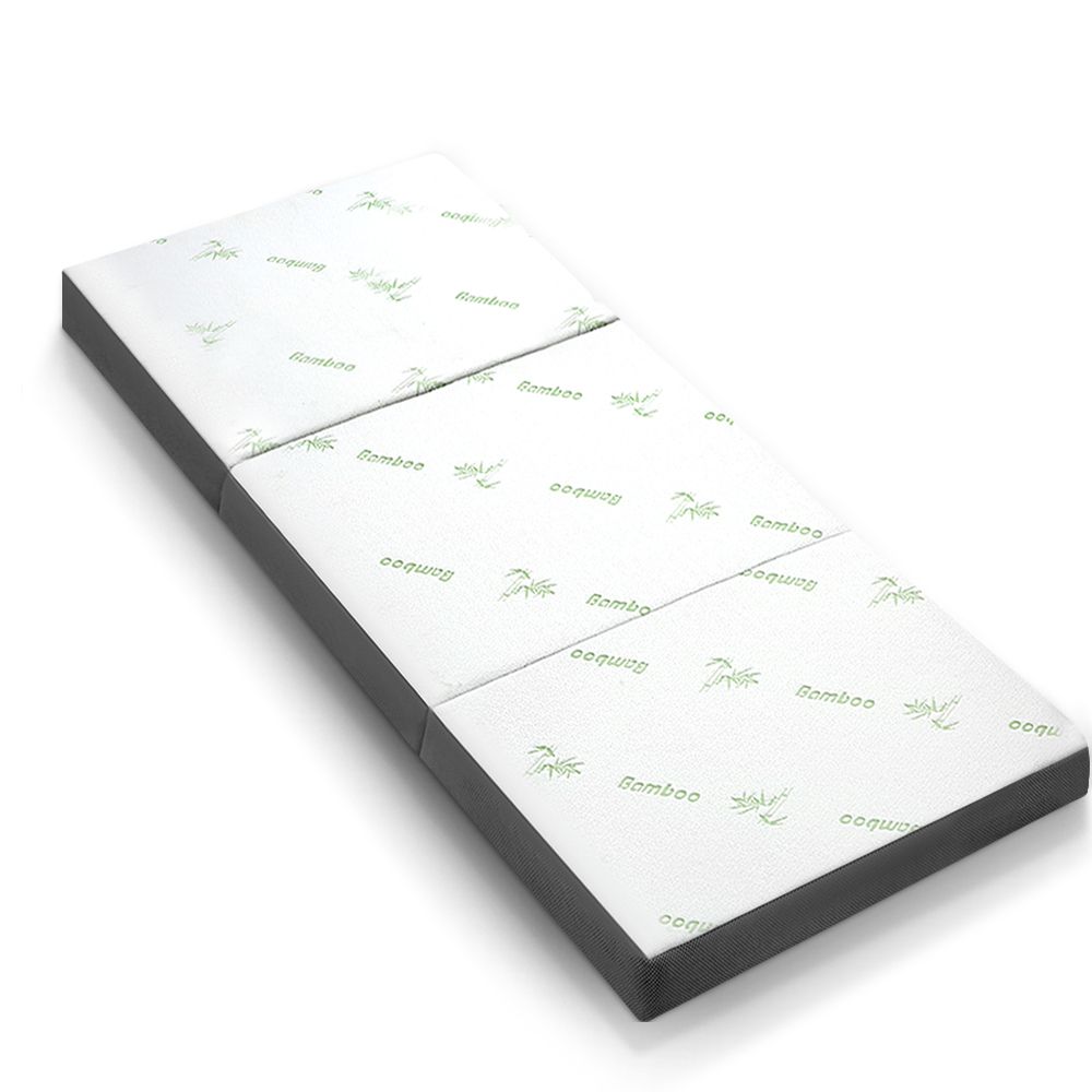 Single foldable mattress with bamboo-pattern white cover and dark gray base