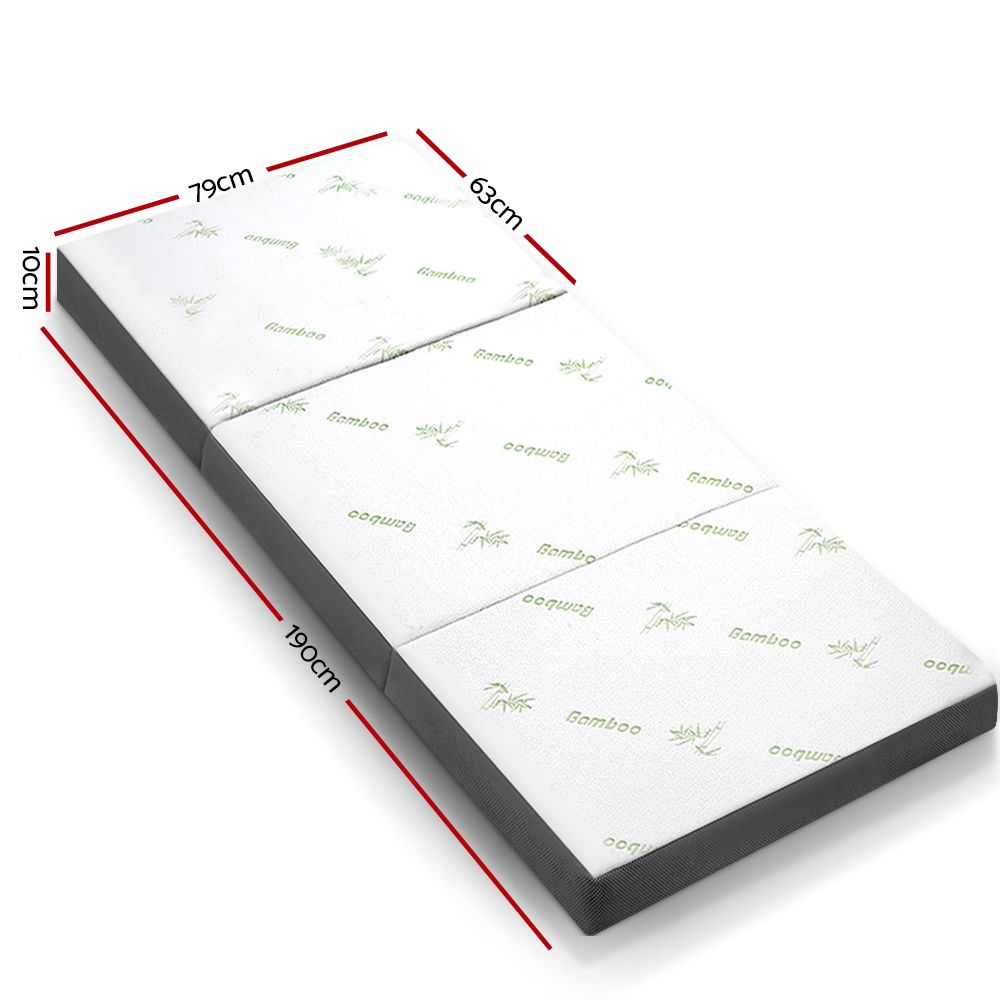 Foldable single mattress with bamboo-pattern top and dark gray edges, angled view