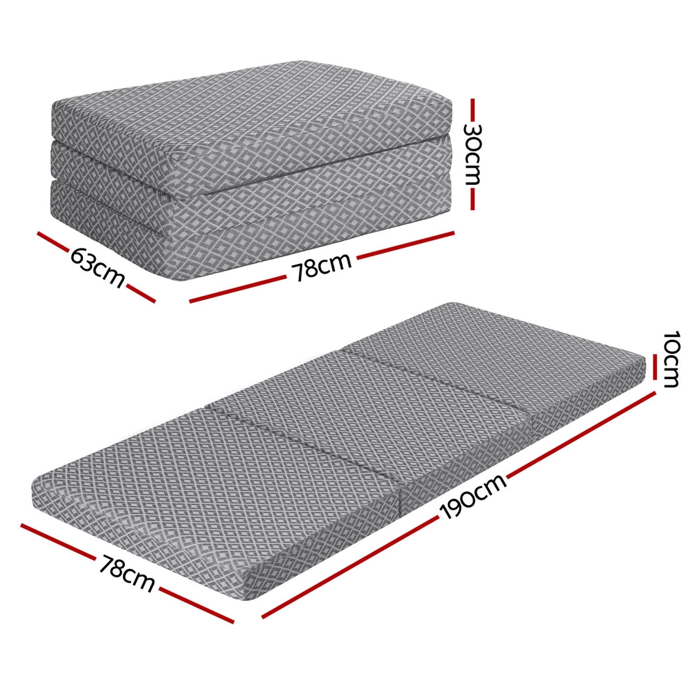 Foldable trifold memory foam mattress with gray geometric cover and dimension guides