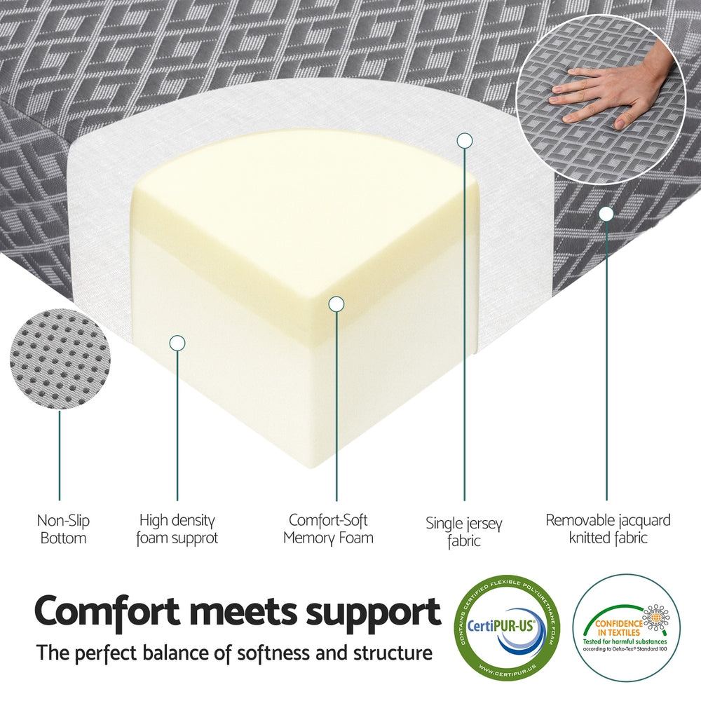 Trifold memory foam mattress showing white memory foam core under removable jacquard cover