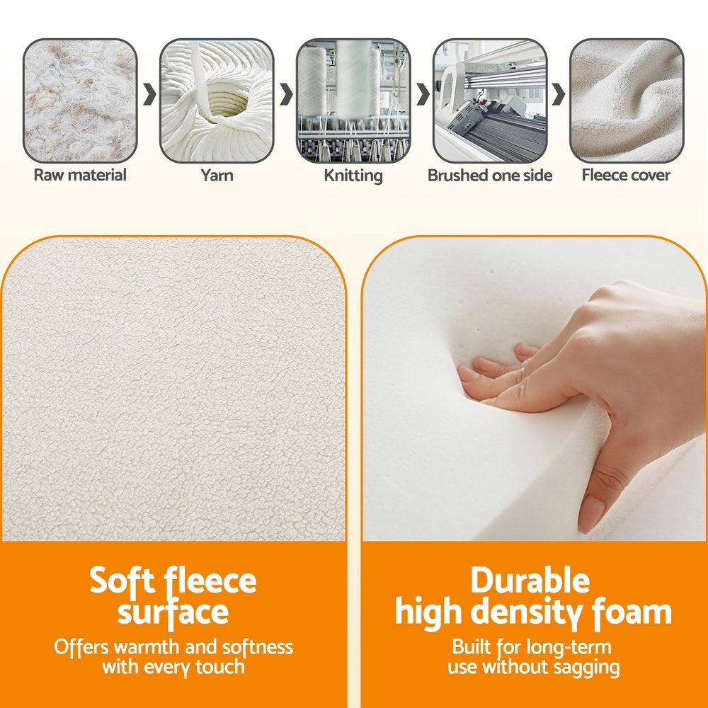 Light beige fleece-covered foam mattress with close-up textured fabric and soft feel.