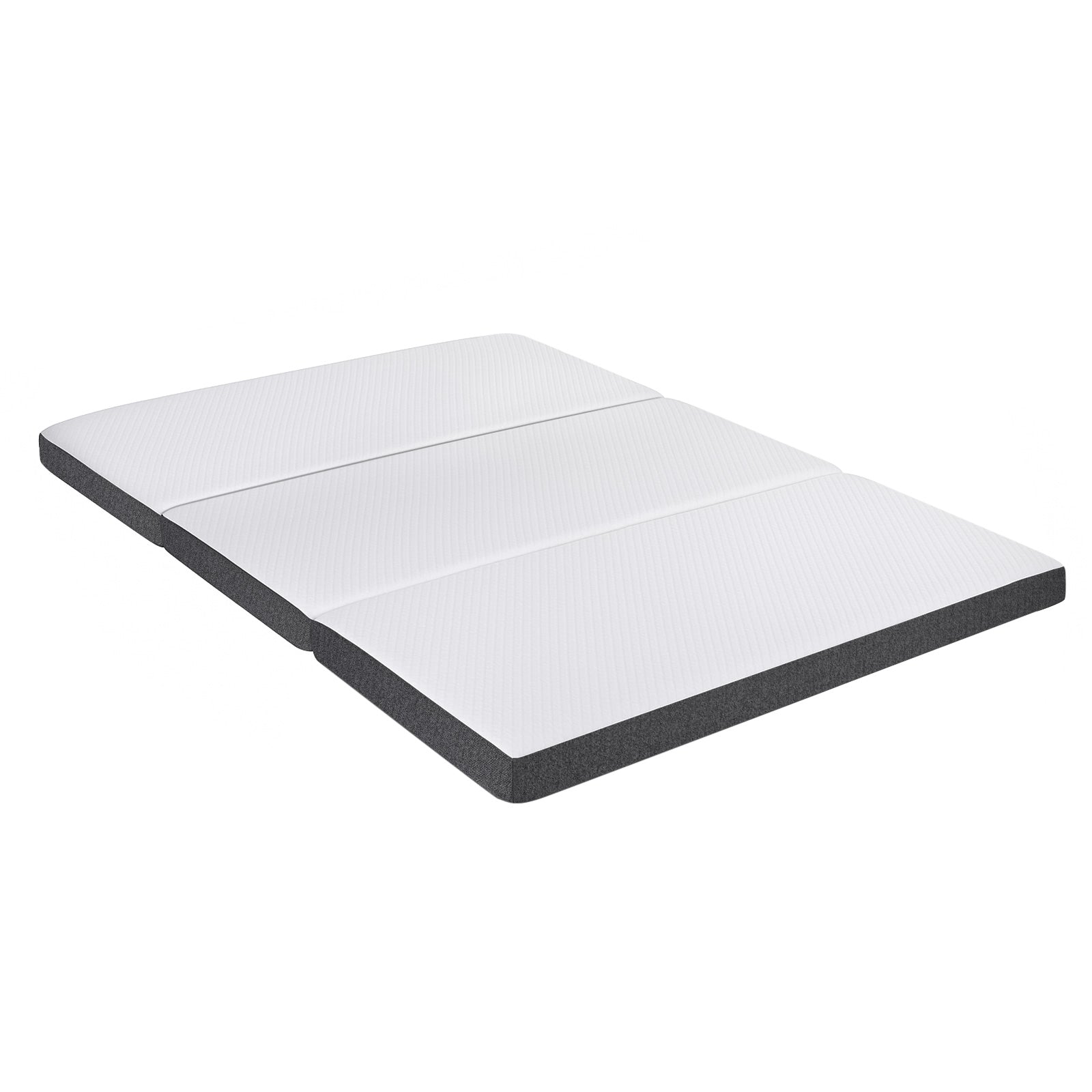 Folding tri-fold mattress with white top and dark gray border, shown flat