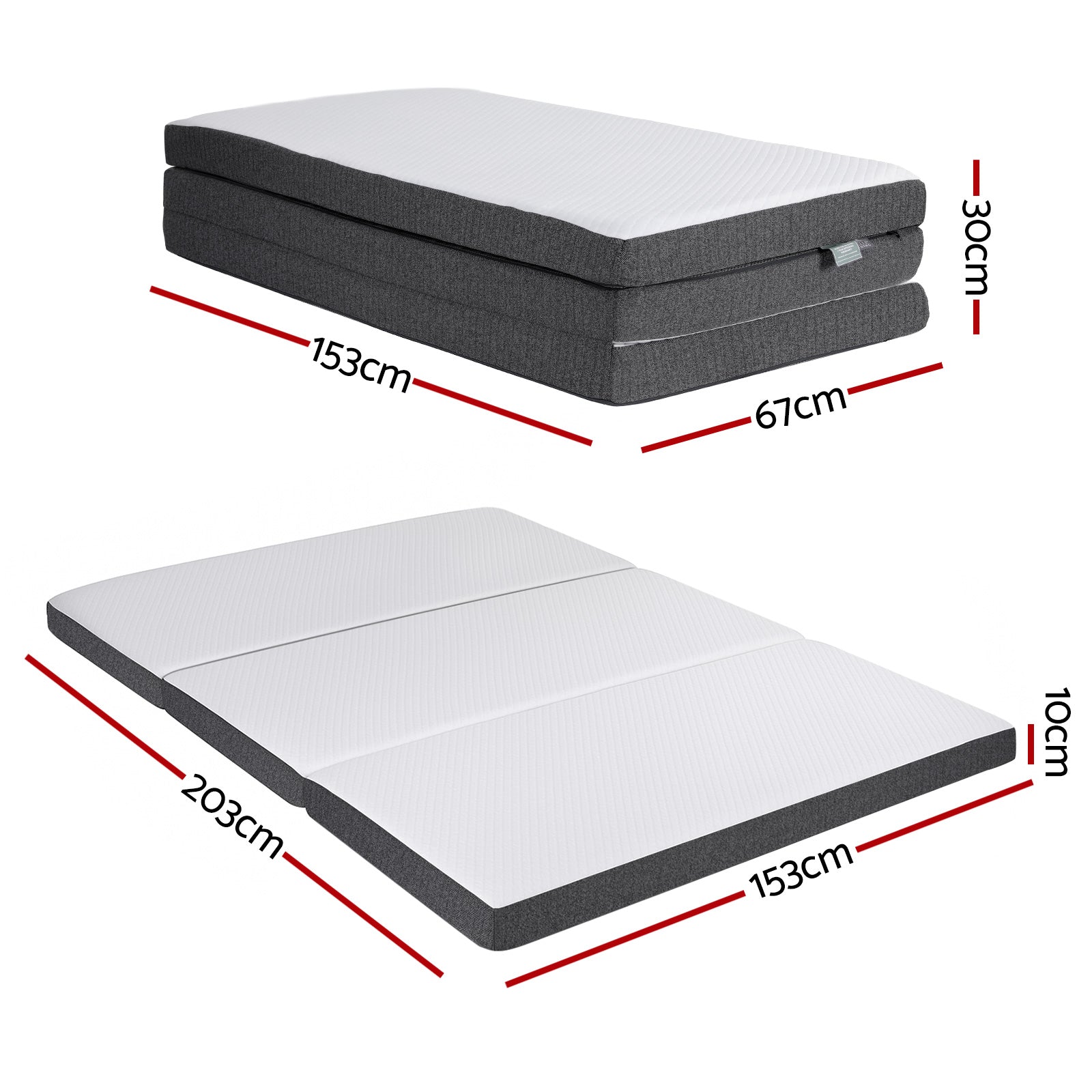 Tri-fold mattress with size and thickness markings and dark gray side trim