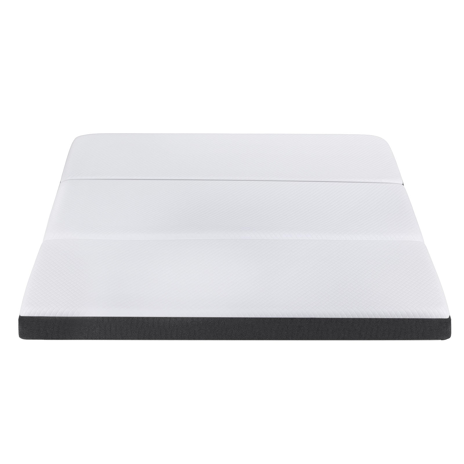 Tri-fold mattress with white top and dark gray base edge, front view