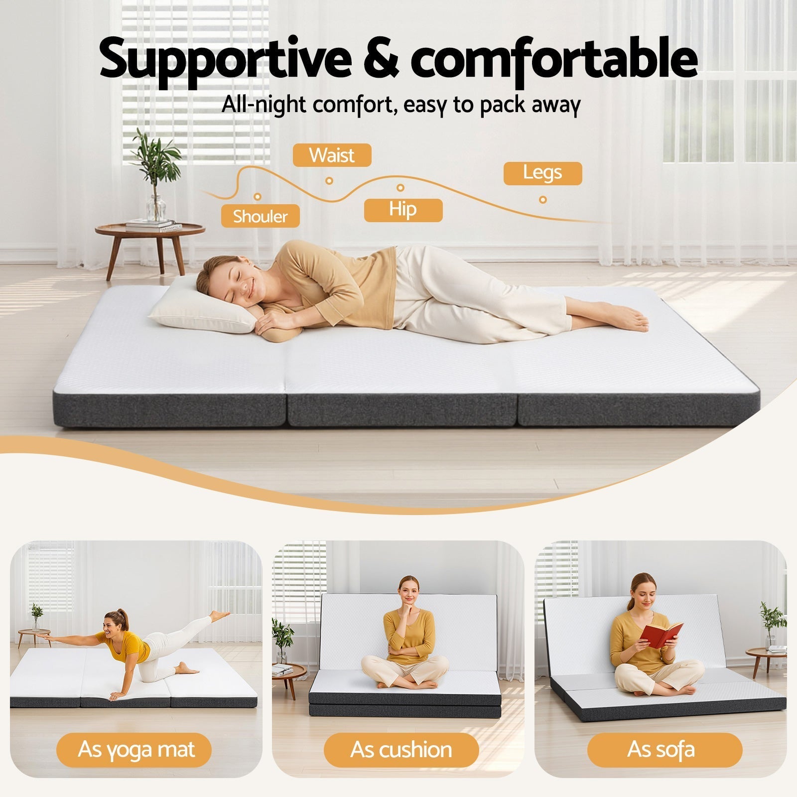 Three-section foldable mattress with white top and dark gray bottom layer