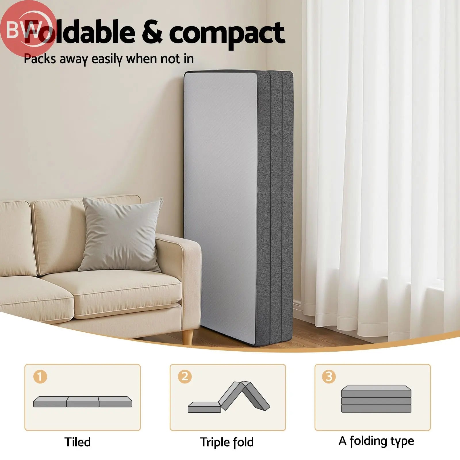 Foldable tri-fold mattress folded upright for compact storage, dark gray sides