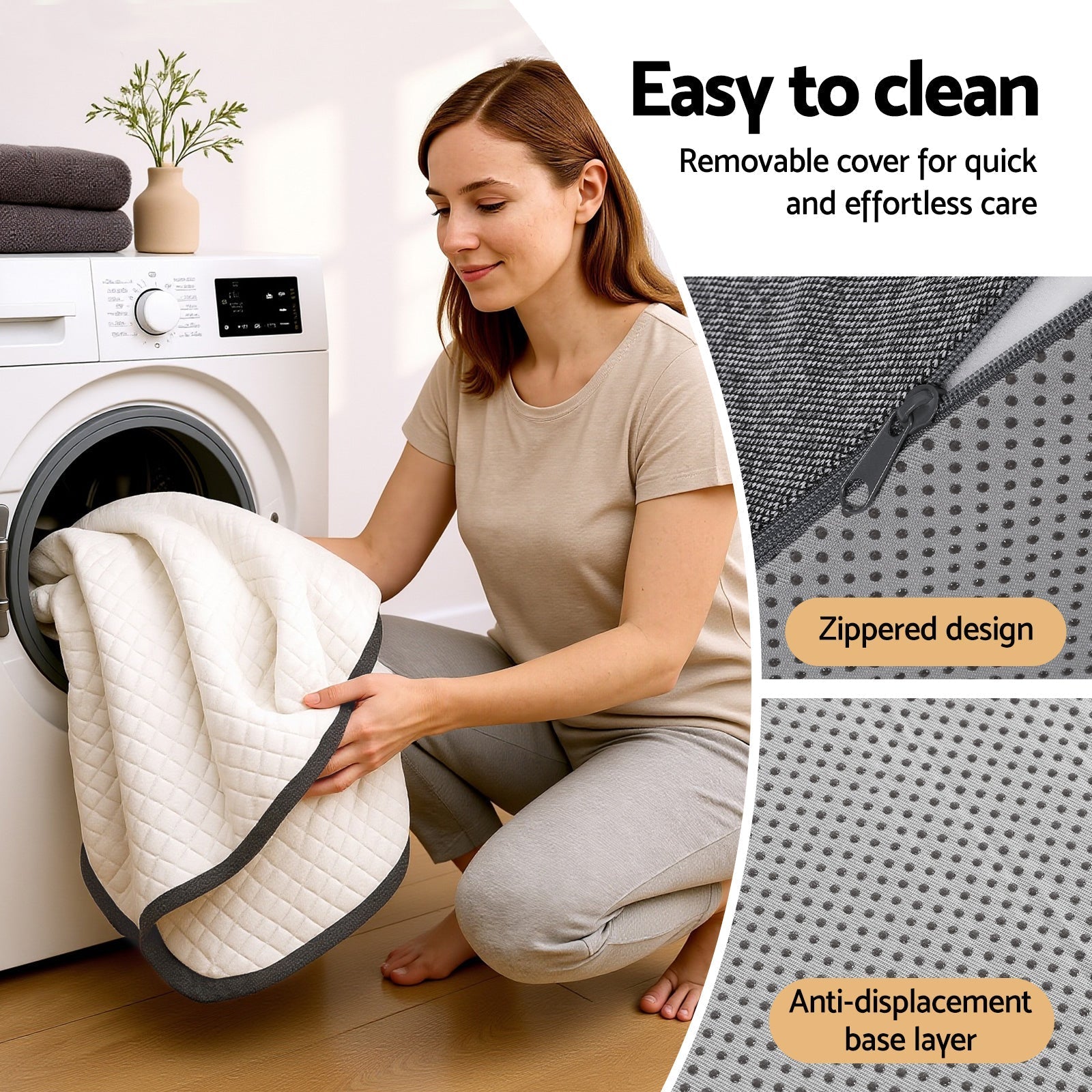 Folding mattress with white quilted cover lifted at the zipper; dark gray base