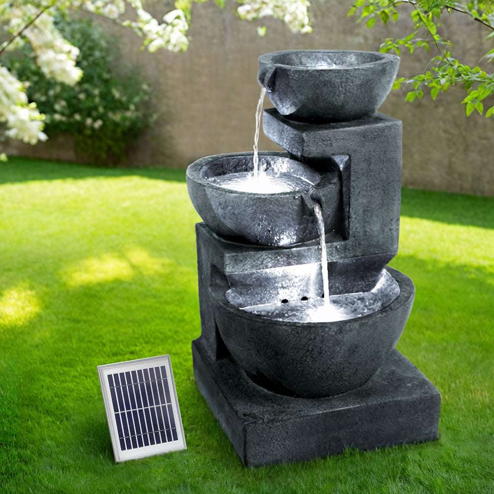 3-Tier Gardeon Solar Water Feature Cascading Fountain Bowl LED Lights 60CM Blue