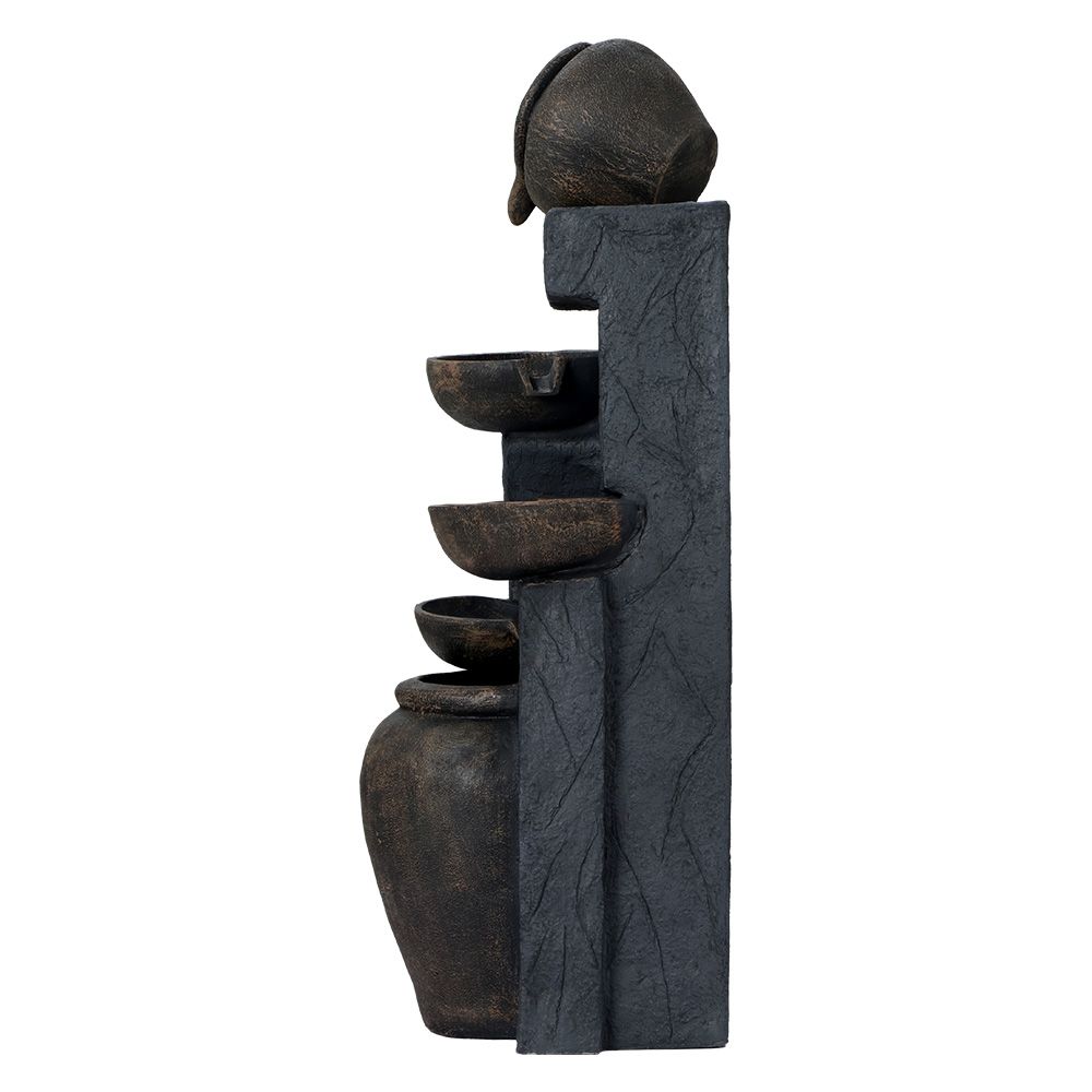 5-tier cascading water fountain in dark stone with stacked bowls and top spout