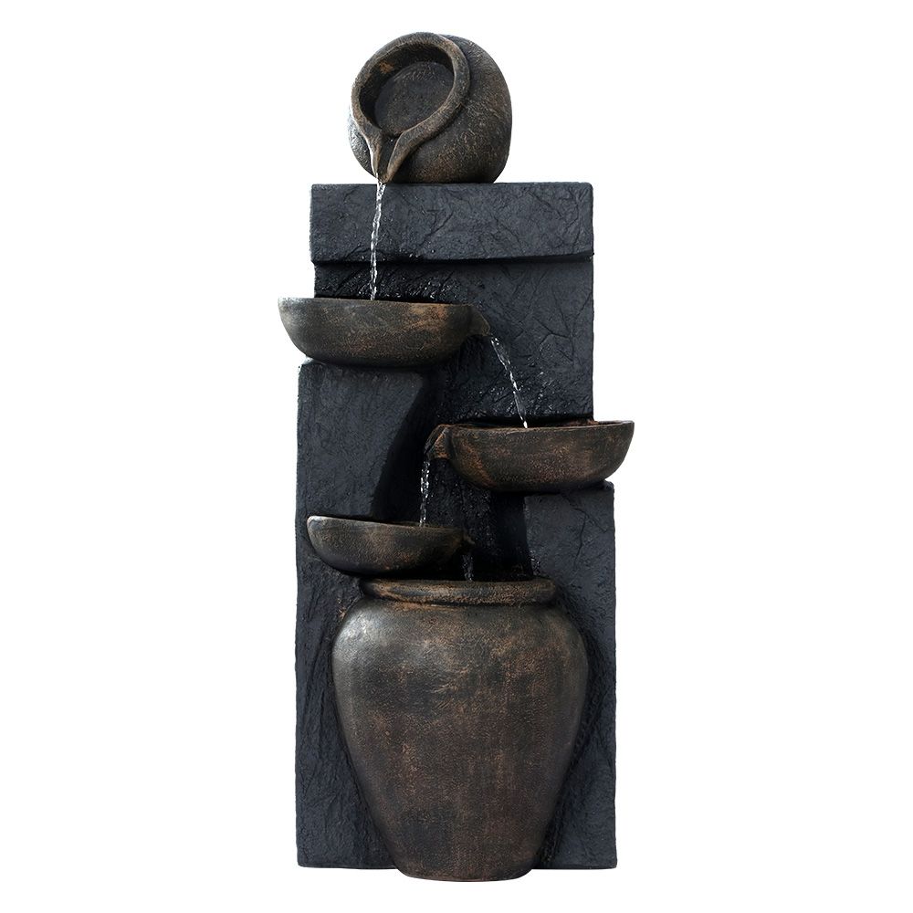 5-tier cascading water fountain in dark stone with multiple bowl tiers and falling water