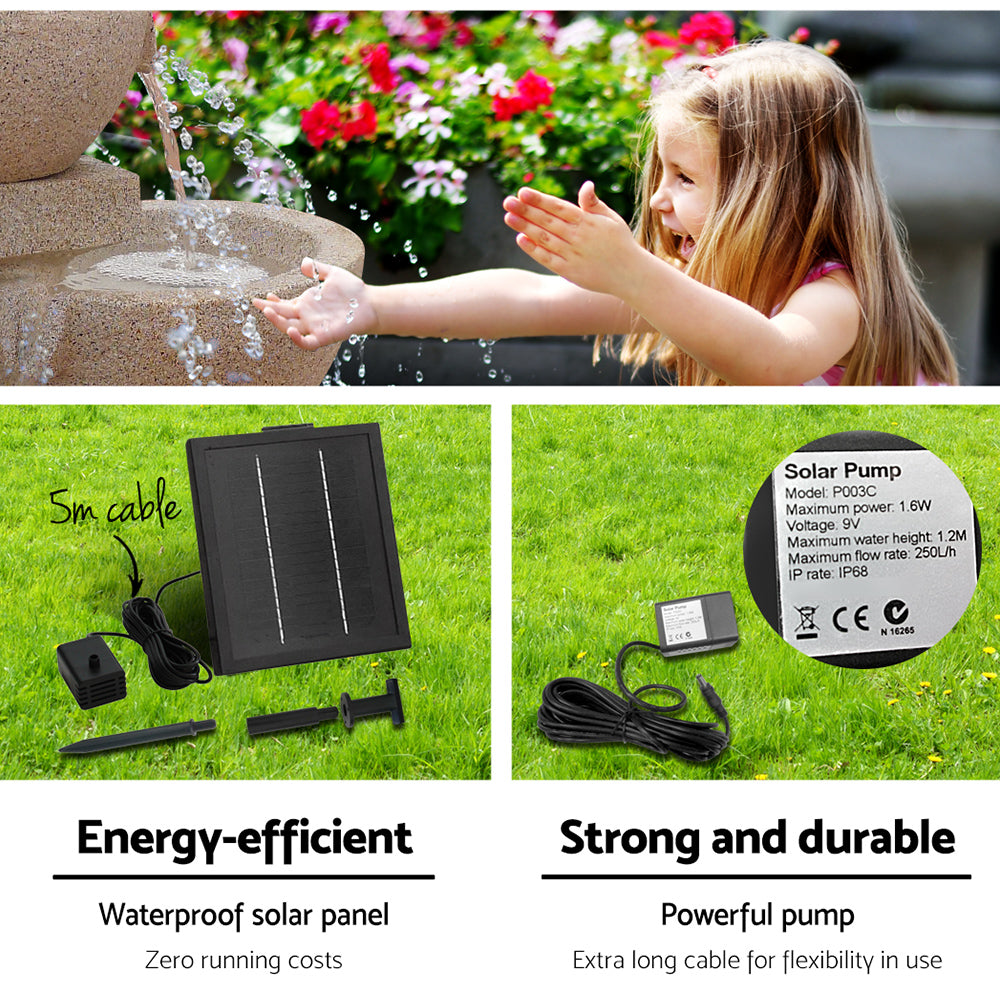 4-Tier Gardeon Solar Water Feature Cascading Fountain Bowl LED Lights 72CM Sand