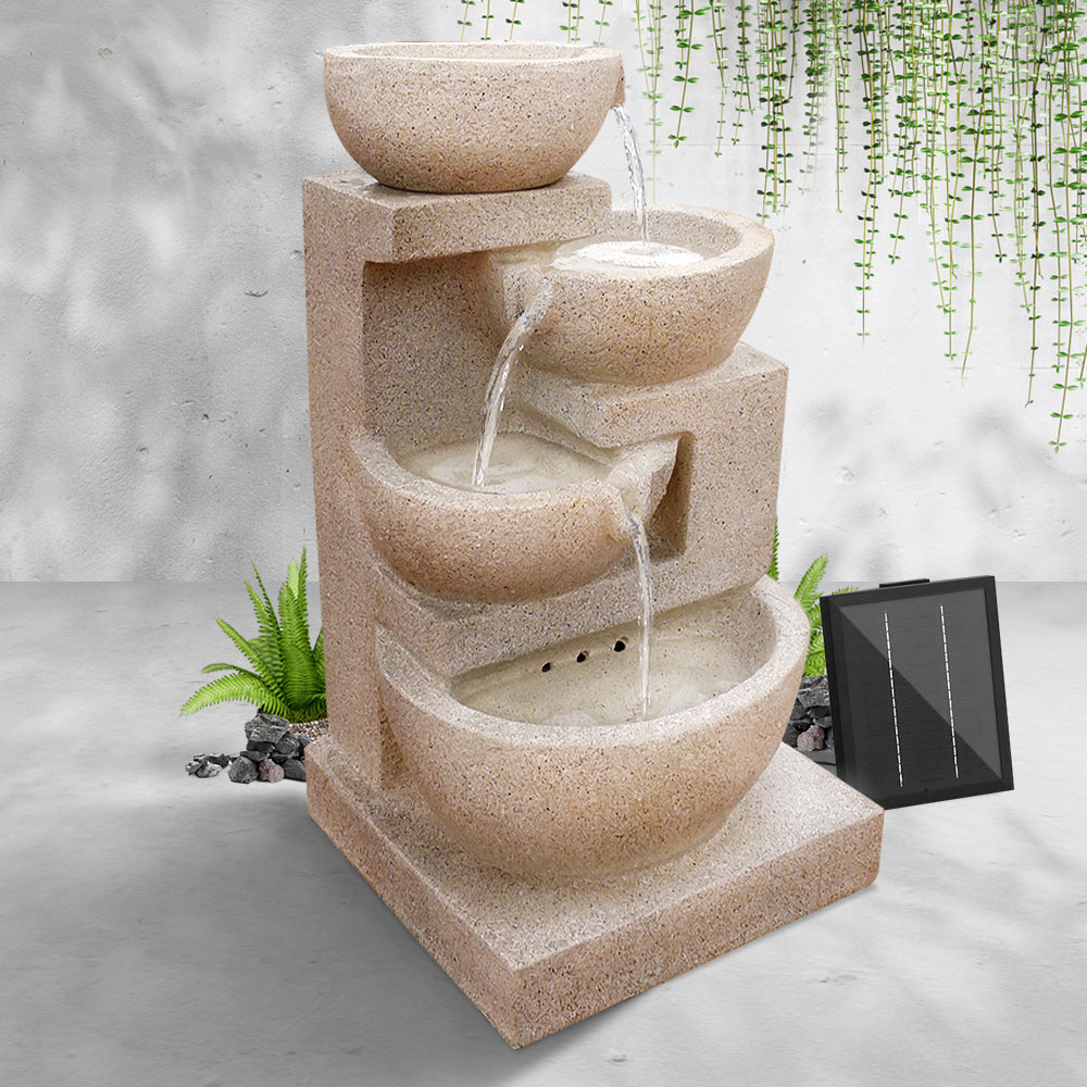 4-Tier Gardeon Solar Water Feature Cascading Fountain Bowl LED Lights 72CM Sand
