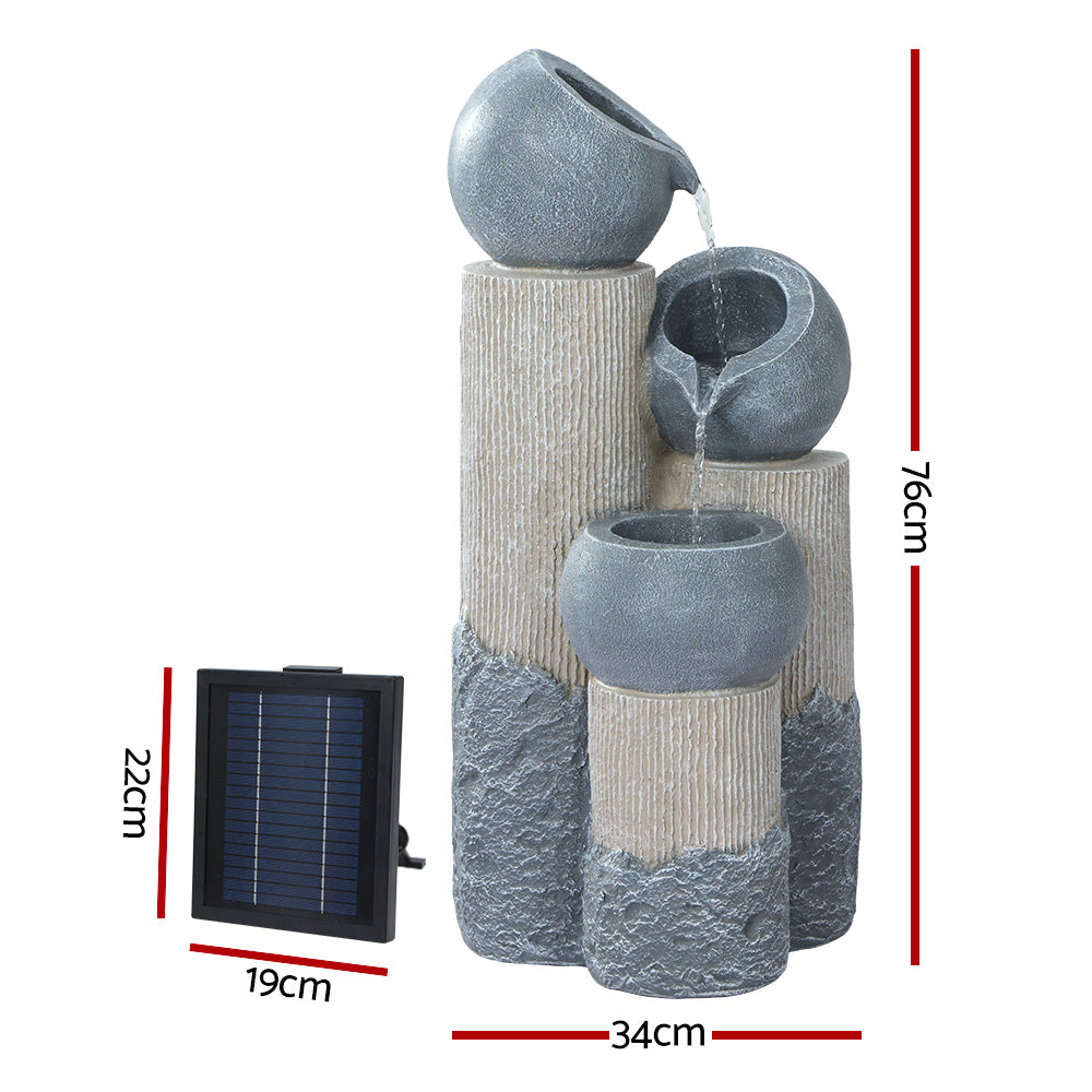 Grey 3-tier cascading fountain with stacked pots, water spouts, and solar panel