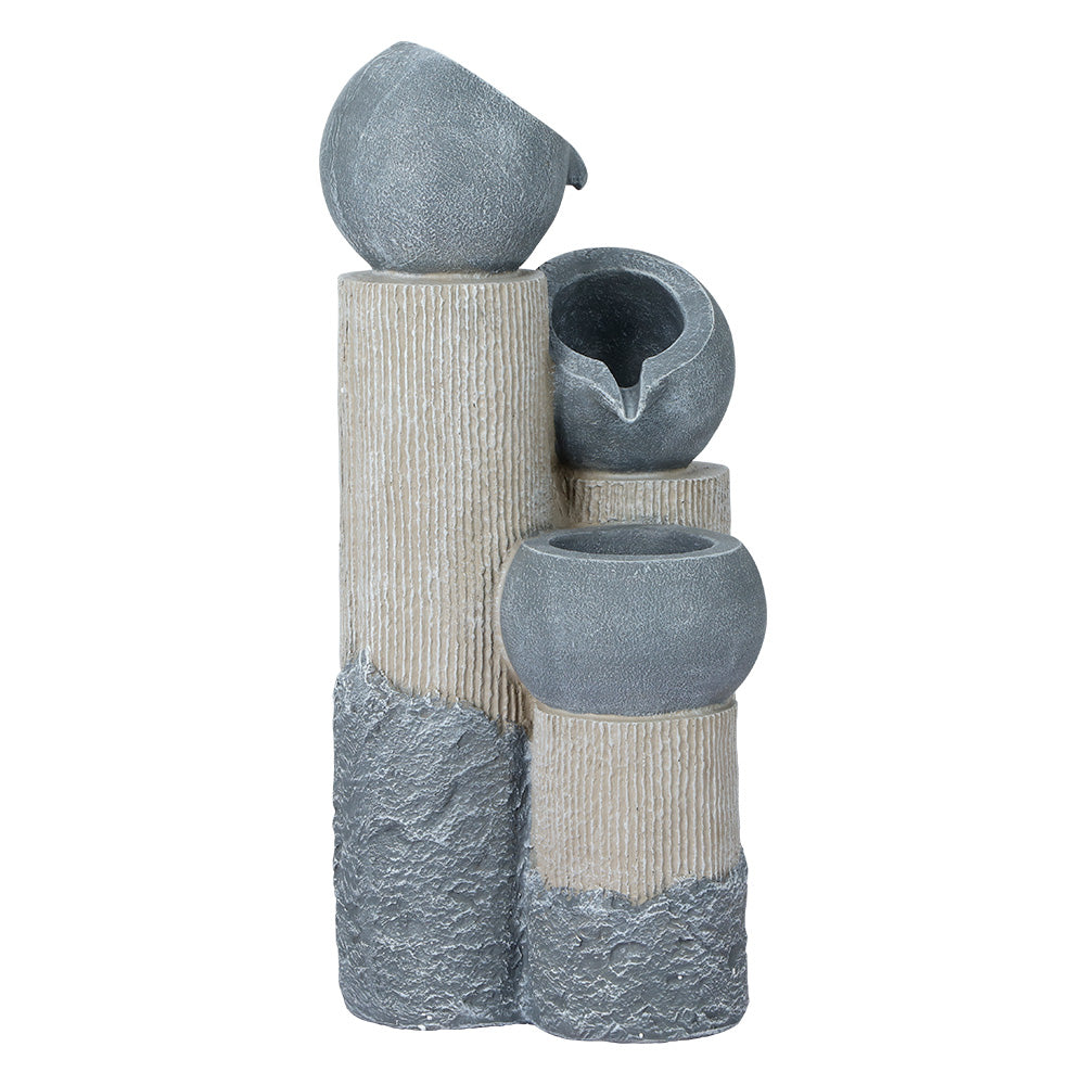 Grey stacked-pot solar water fountain with cascading streams from three basins
