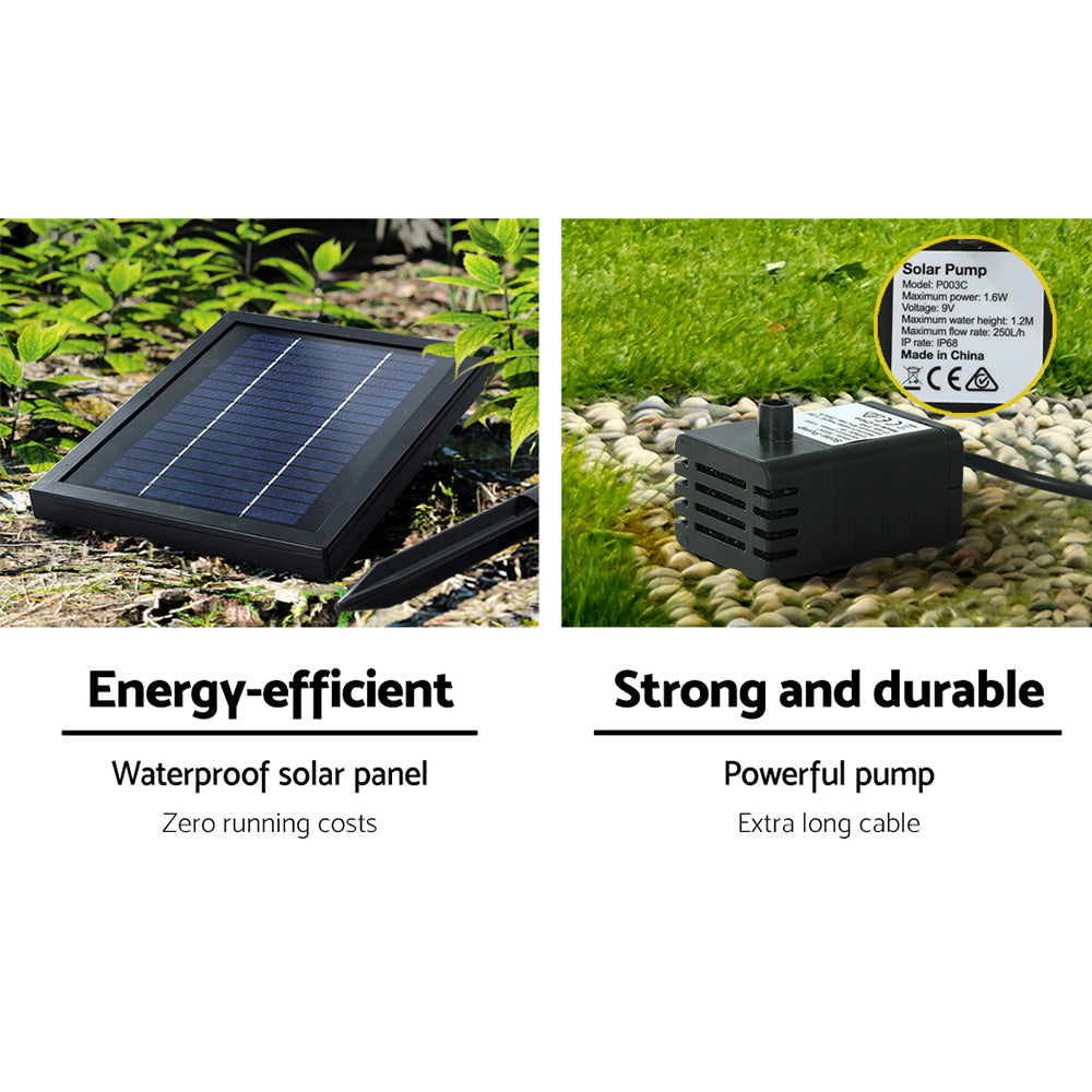 Solar panel and pump unit for outdoor cascading fountain with extra-long cable