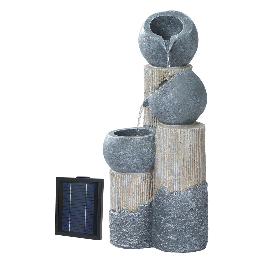 Grey 3-tier solar fountain with stacked pots and continuous cascading water streams