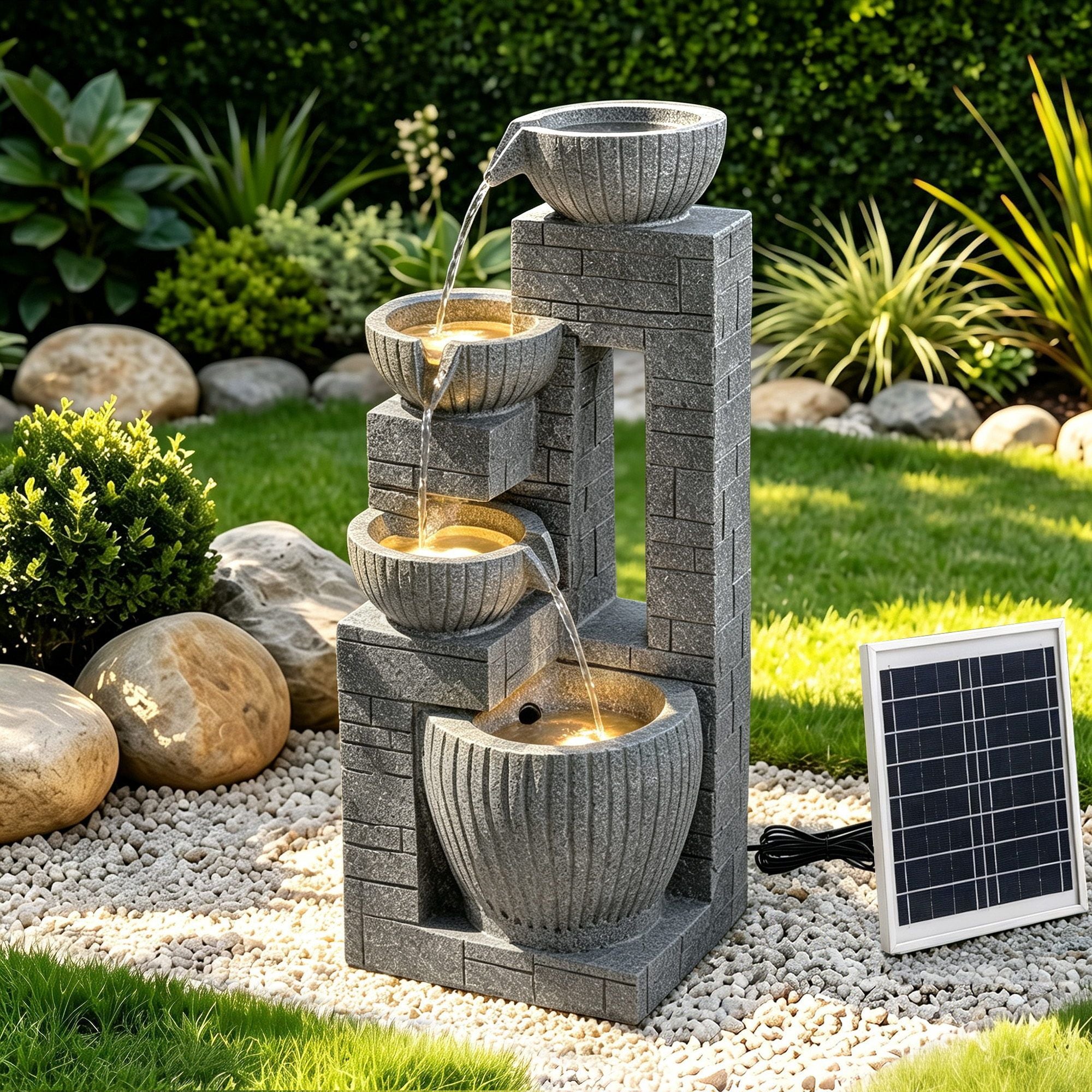 Gardeon Solar Fountains Water Features Cascading Design Polyresin 80cm Grey Bedworld