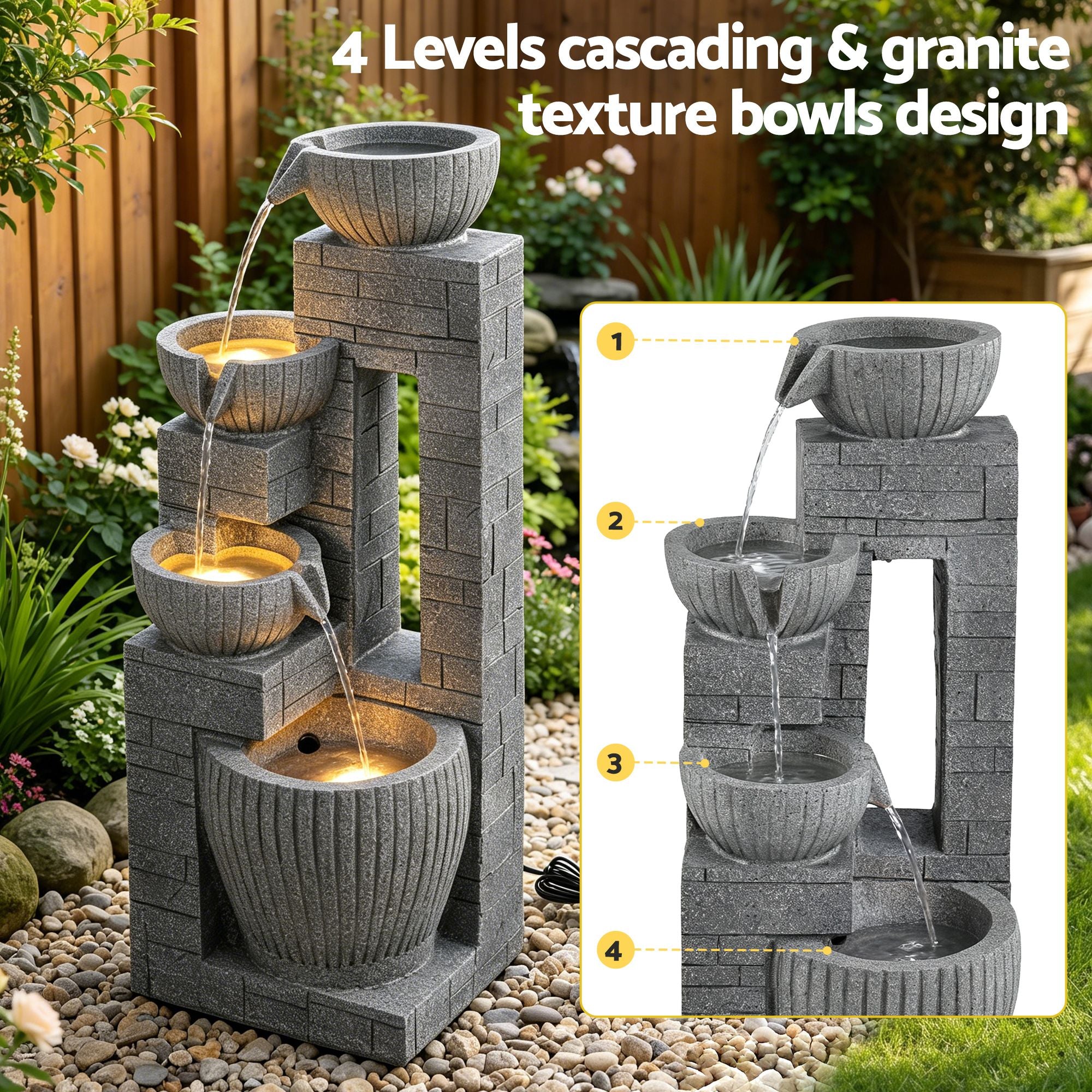 Gardeon Solar Fountains Water Features Cascading Design Polyresin 80cm Grey Bedworld