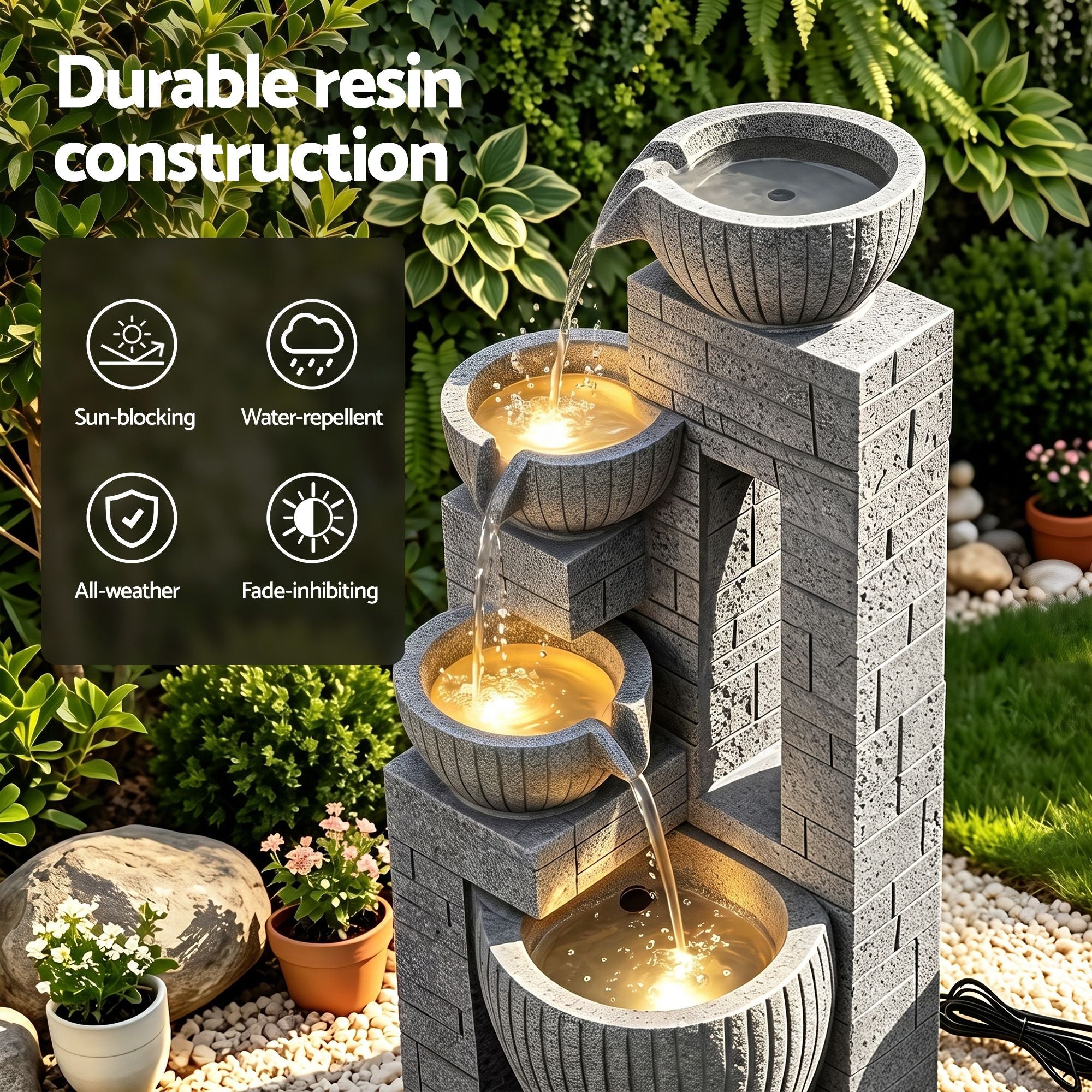 Gardeon Solar Fountains Water Features Cascading Design Polyresin 80cm Grey Bedworld