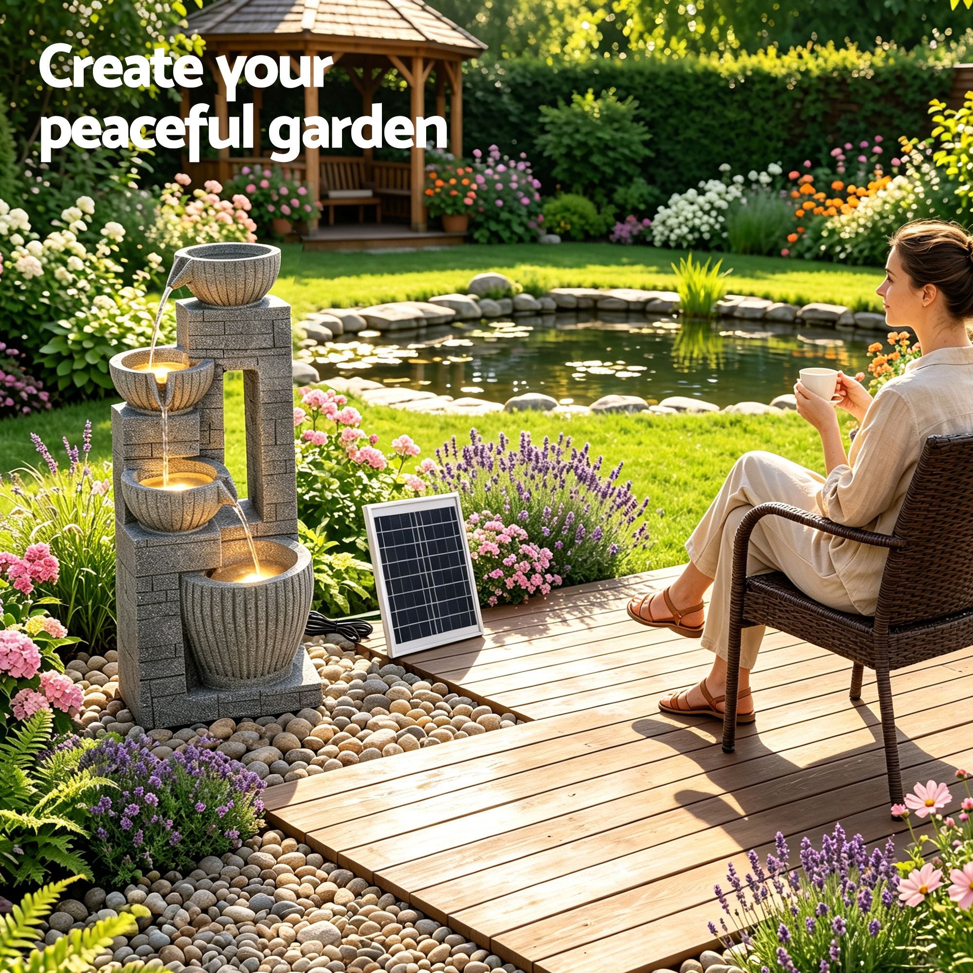Gardeon Solar Fountains Water Features Cascading Design Polyresin 80cm Grey Bedworld