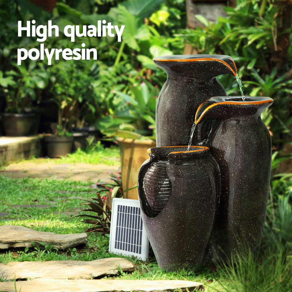 Three urn grey resin cascading water fountain with continuous water flow