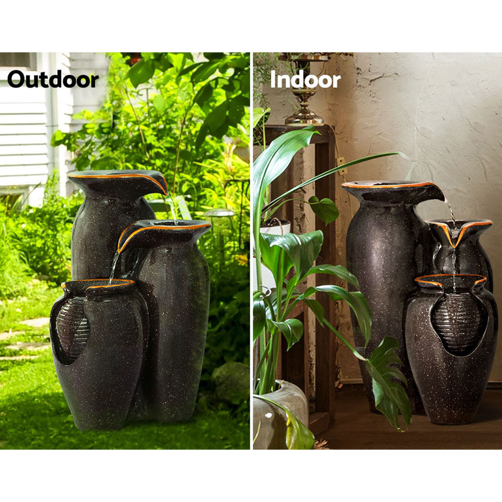 Three urn grey resin water fountain with cascading water streams