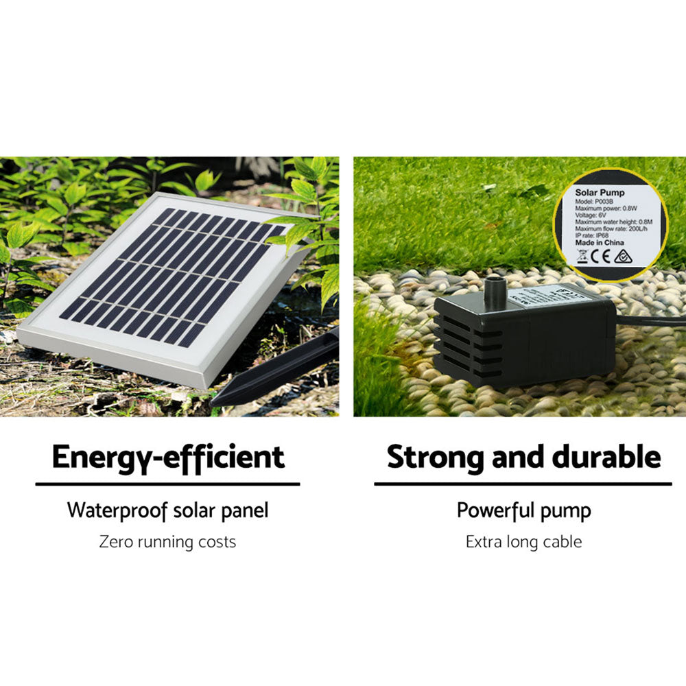 Solar-powered fountain pump kit with white solar panel and black pump unit
