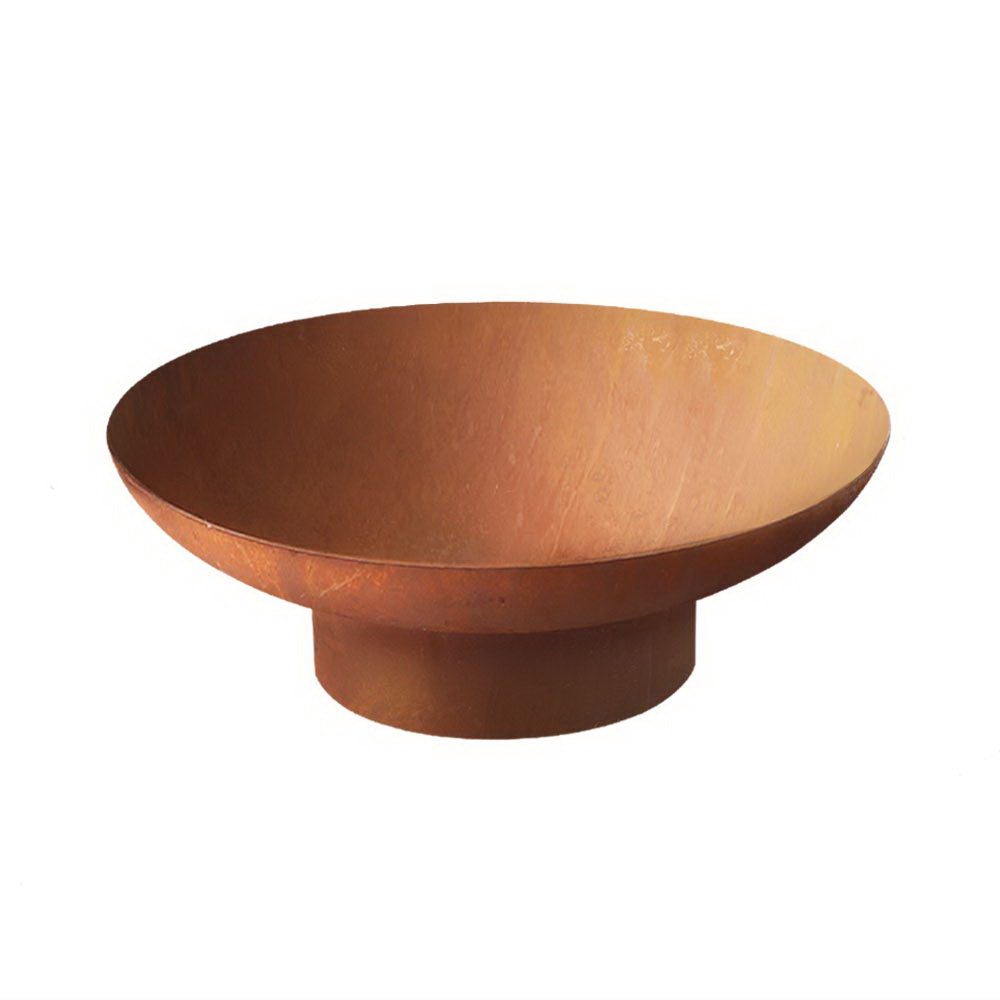 Rust-brown cast iron fire pit bowl with wide shallow round basin and central pedestal