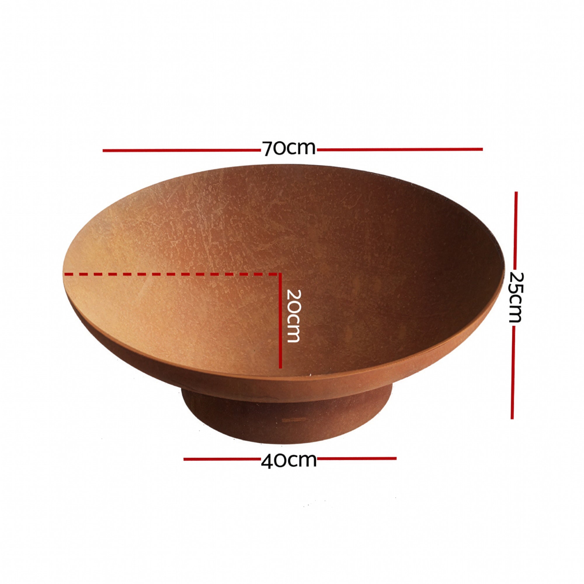Rust-brown cast iron fire pit bowl with shown dimensions: 70cm wide, 25cm high
