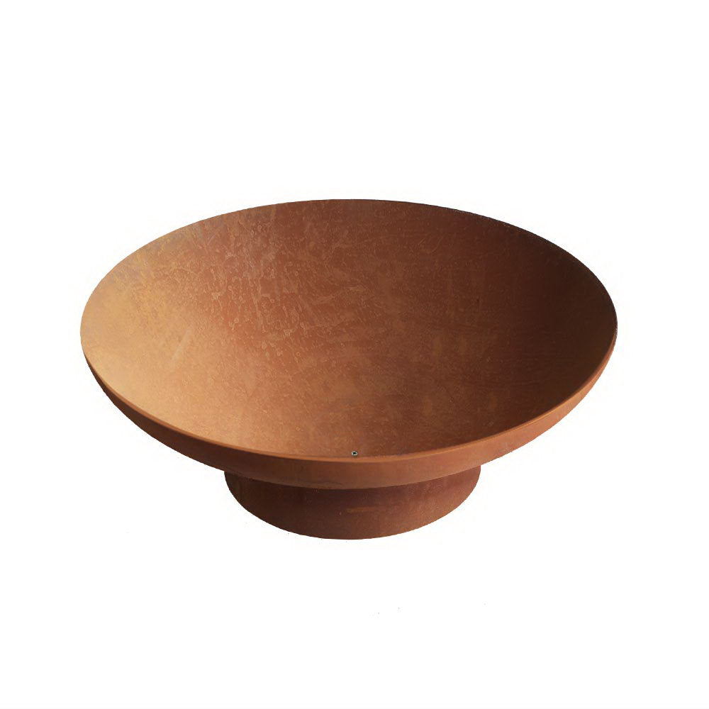 Rust-brown cast iron fire pit bowl with wide shallow basin and short pedestal base