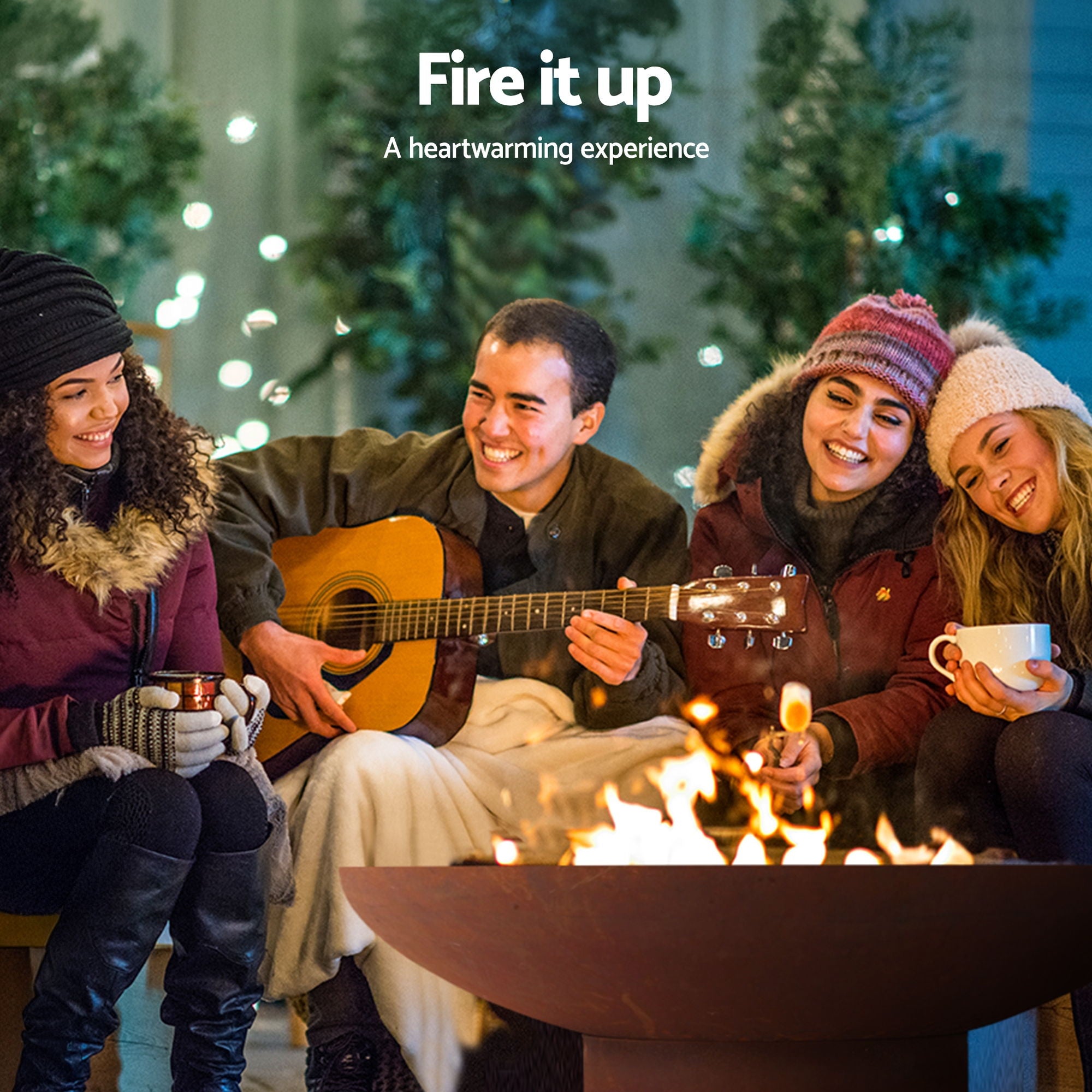 Rust-brown cast iron fire pit bowl with flames burning in the wide center basin