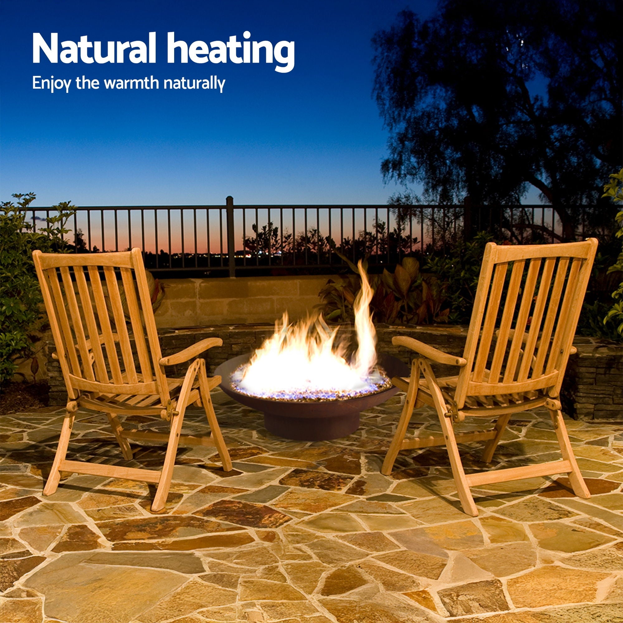 Rust-brown cast iron fire pit bowl with a tall flame and burning logs in the basin