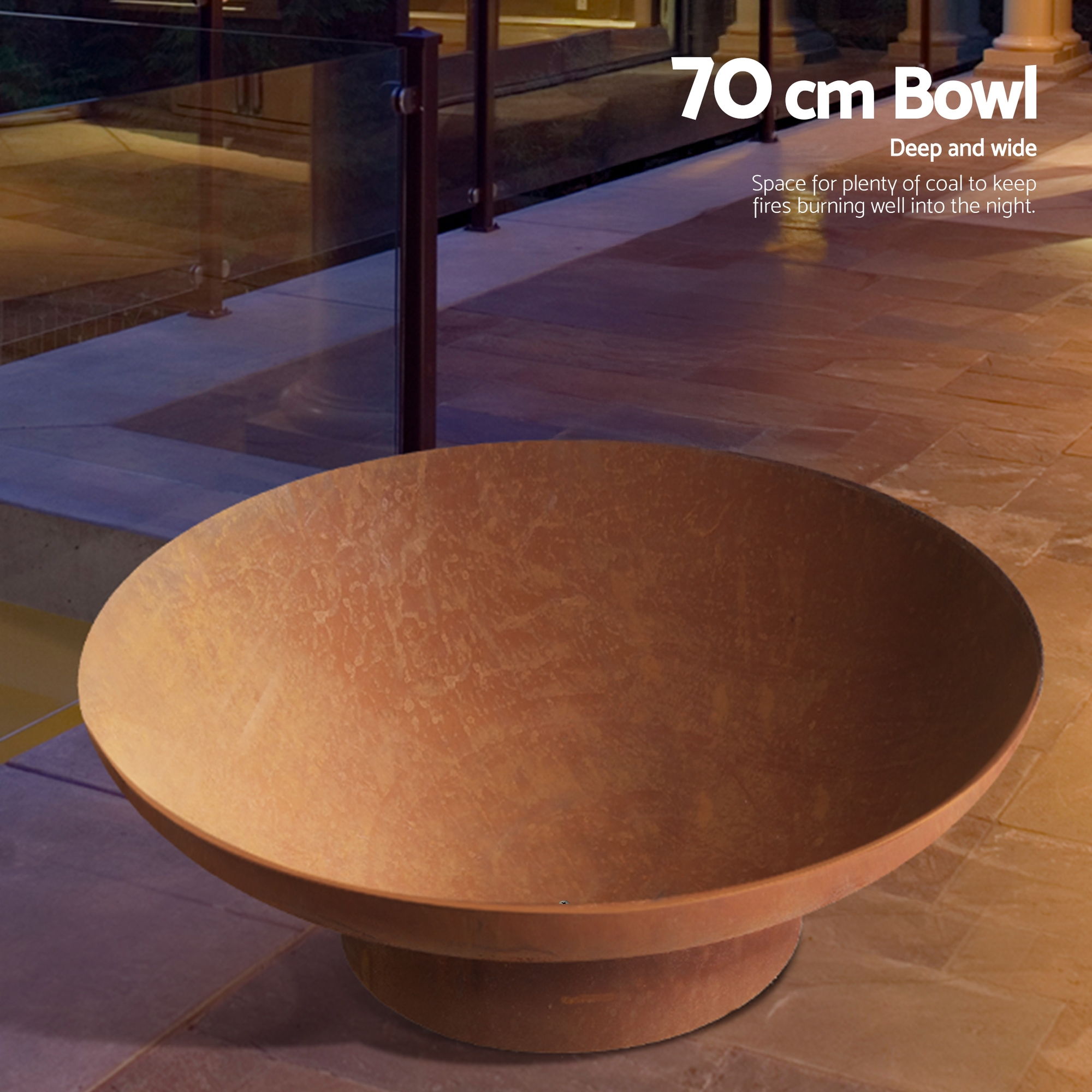 Rust-brown cast iron fire pit bowl with a 70cm wide shallow basin and pedestal base