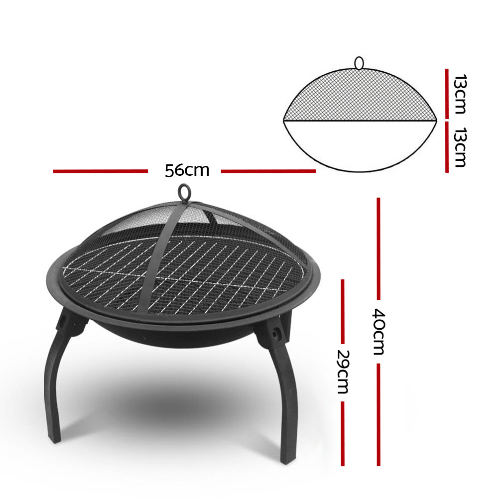 Portable charcoal BBQ grill with round top mesh cover and folding legs, black