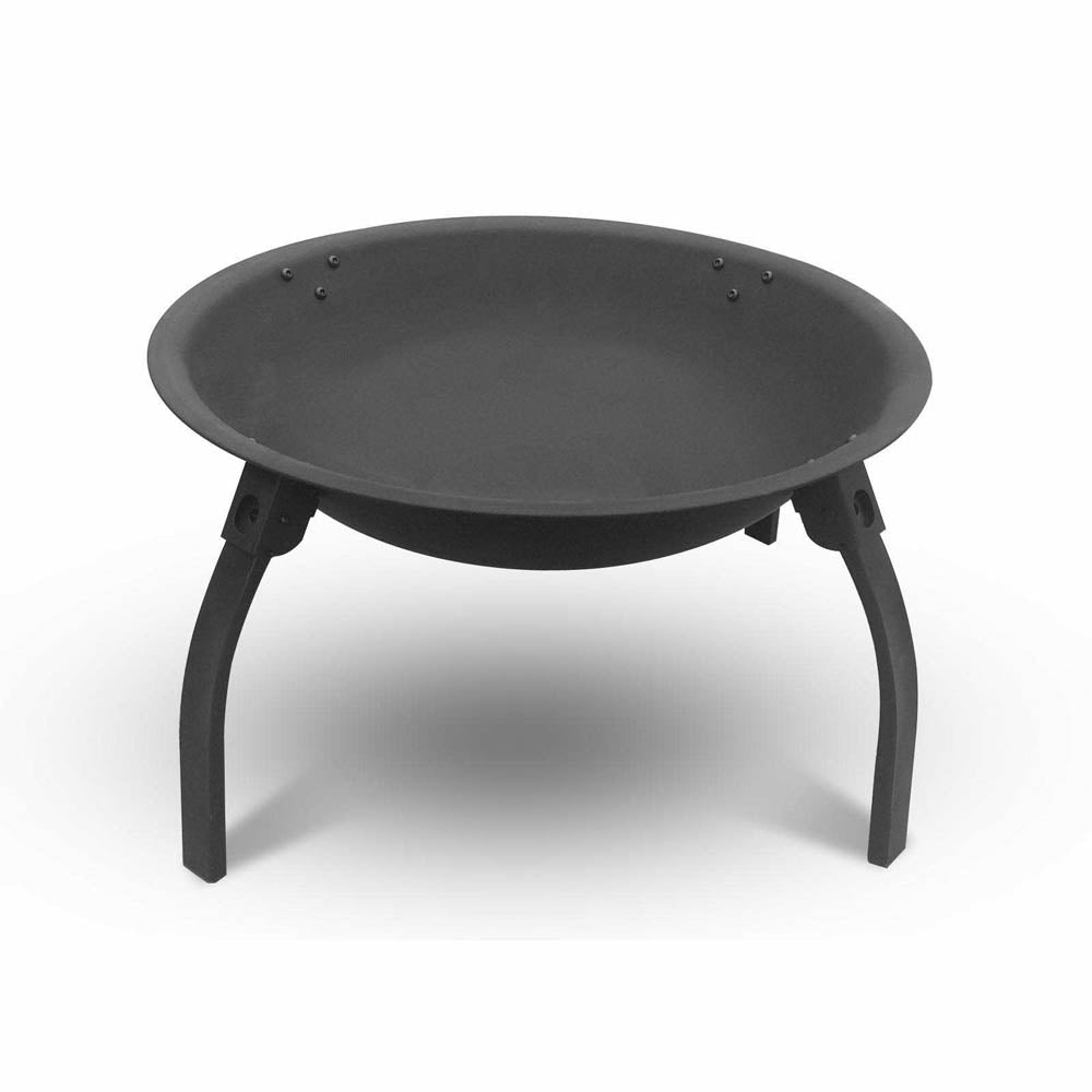 Round charcoal fire pit bowl on three black legs, smooth gray top