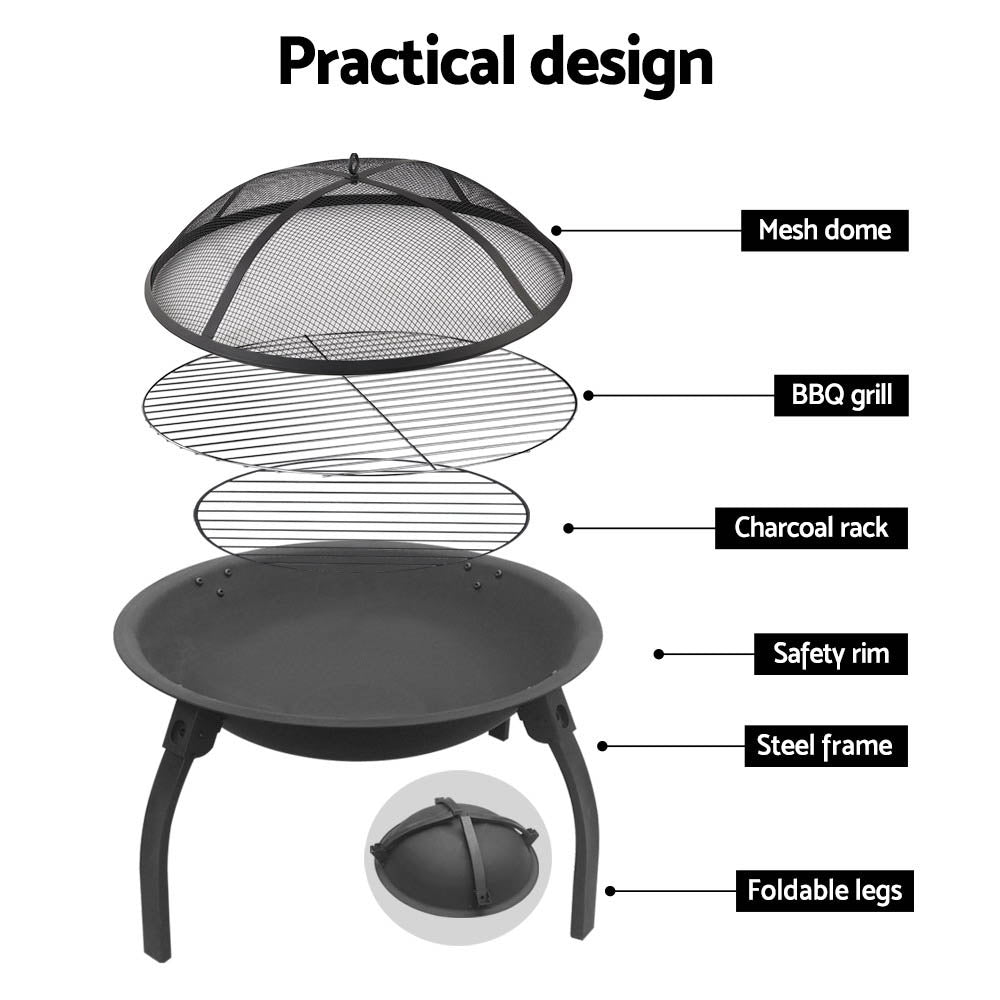 Charcoal fire pit grill diagram: mesh dome, charcoal rack, safety rim, folding legs