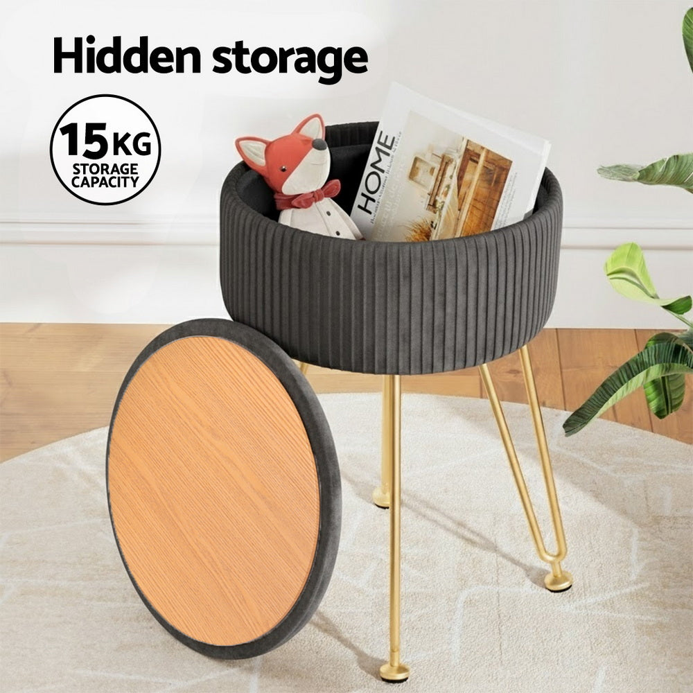 Artiss Ottoman Storage Foot Stool Vanity Velvet Round Grey