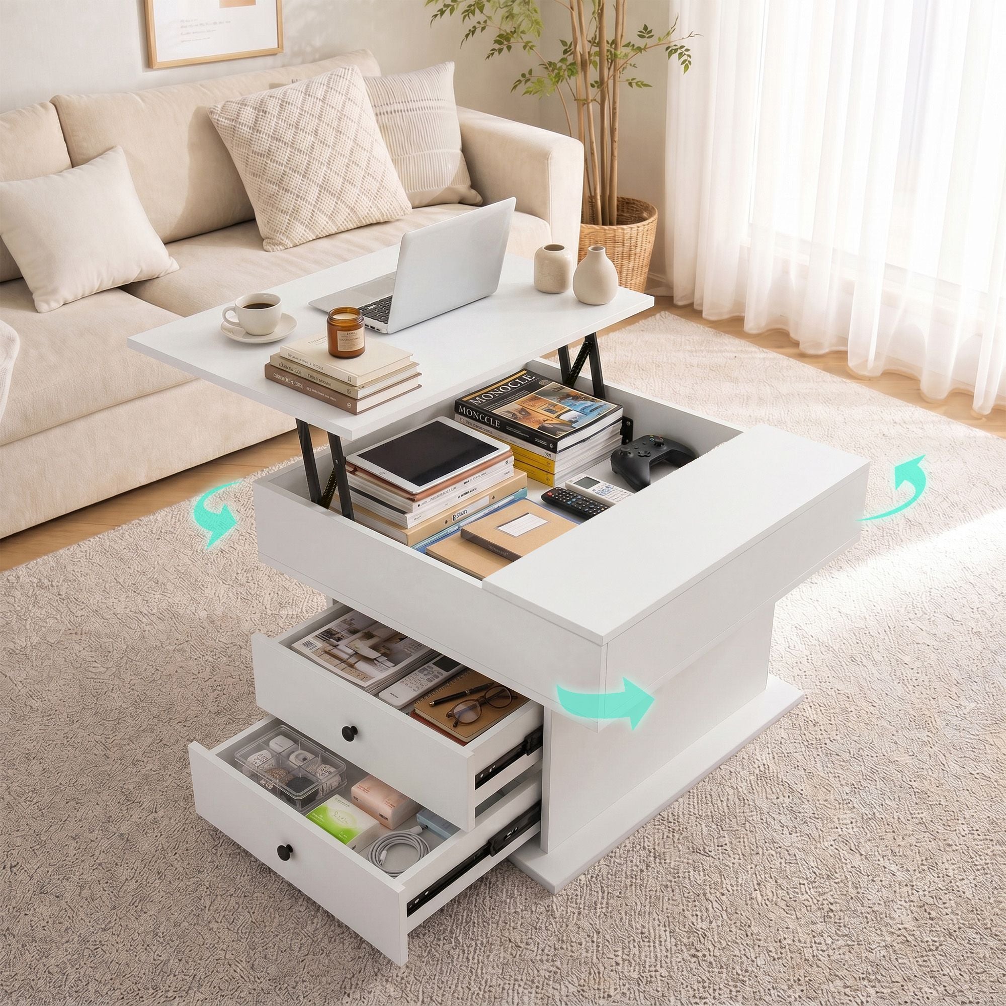 Artiss Lift Top Coffee Table Centre Table with Rotating Top Hidden Storage White Bedworld