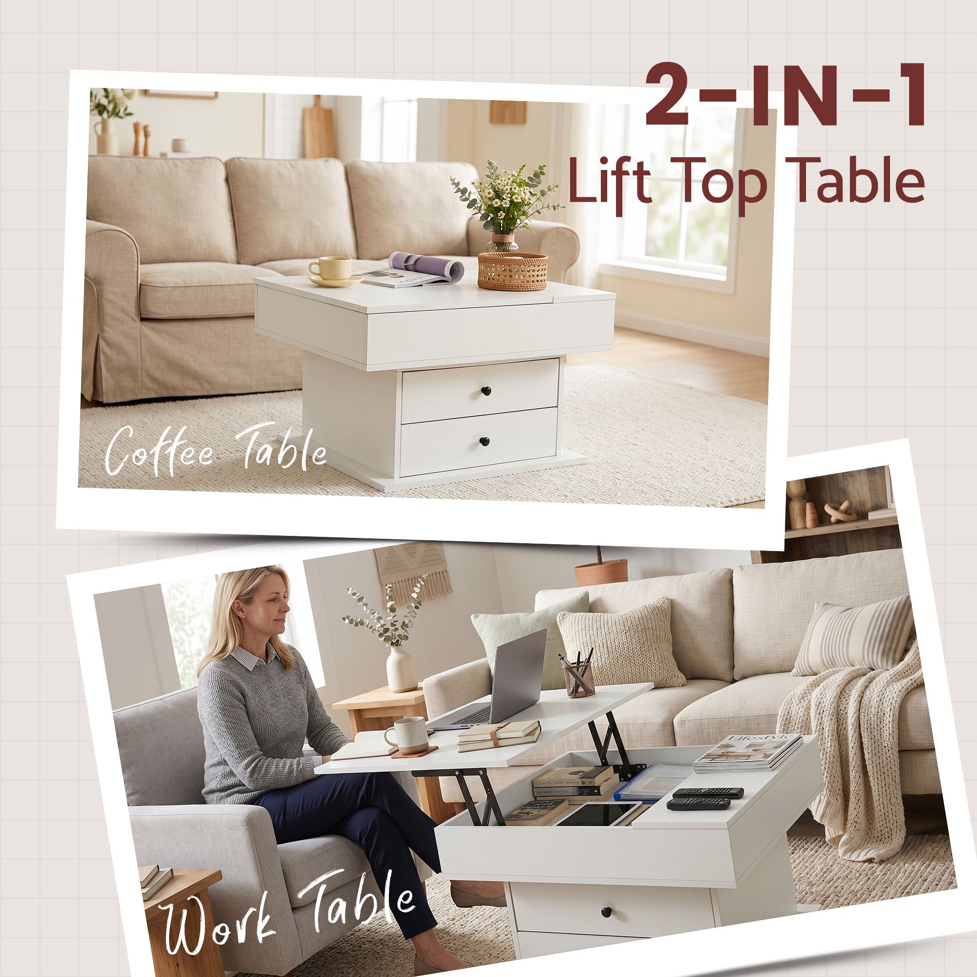 Artiss Lift Top Coffee Table Centre Table with Rotating Top Hidden Storage White Bedworld