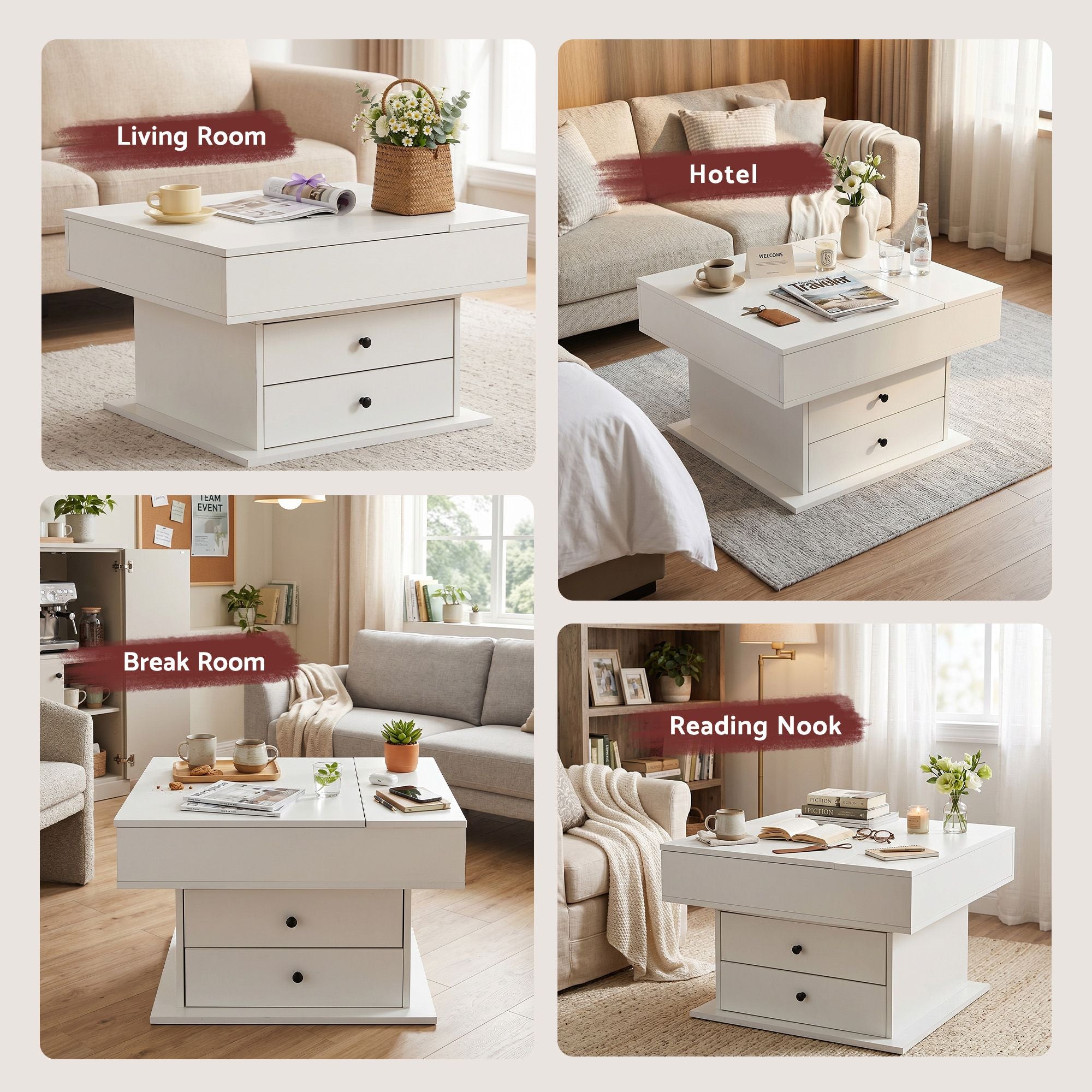 Artiss Lift Top Coffee Table Centre Table with Rotating Top Hidden Storage White Bedworld