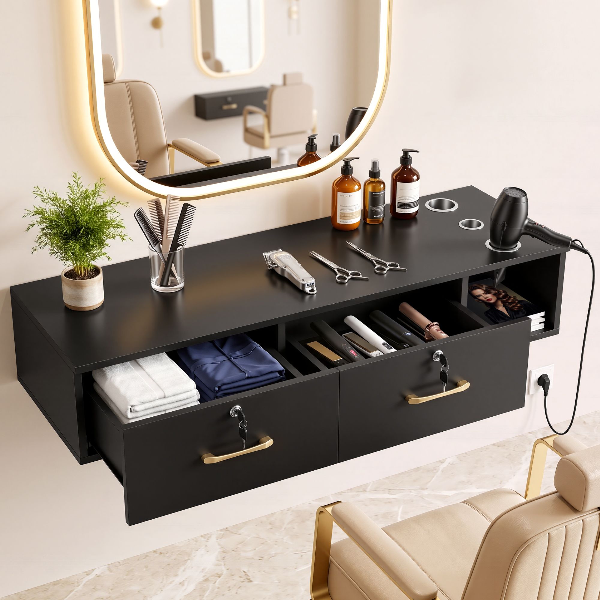 Artiss Wall Mounted Salon Station Cabinet, Hair Styling Station with 2 Lockable Drawers & 3 Appliance Holders, Wooden Barber Spa Equipment for Vanity, Black Bedworld